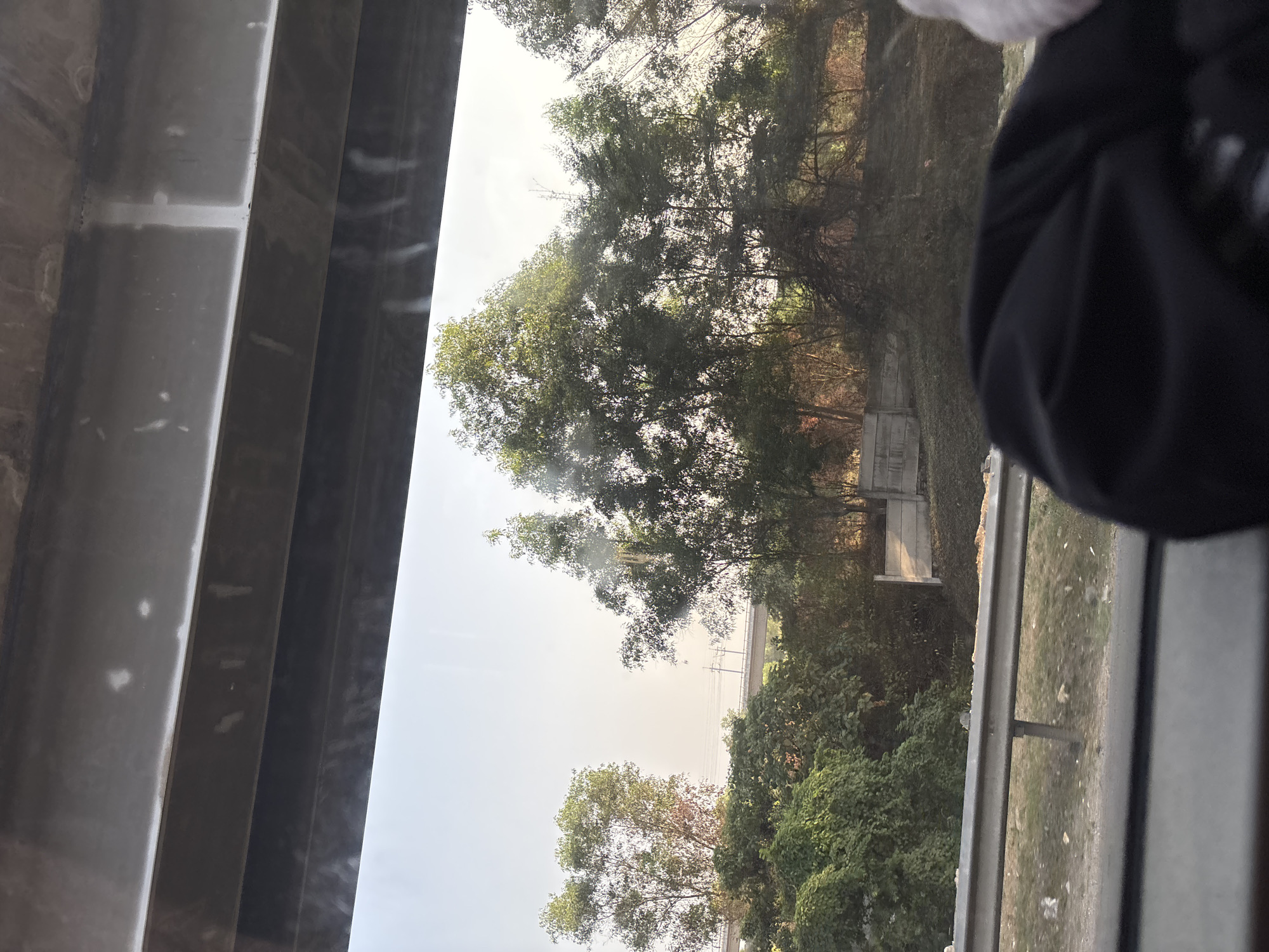 The image appears to be taken from inside a vehicle, looking out through a window. In the foreground, a dark, possibly black, fabric object, likely clothing, is partially visible, obscuring the lower part of the scene. A metal guardrail runs horizontally across the middle ground, separating a grassy area from what appears to be a road or pathway. Beyond the guardrail, the landscape is dominated by lush green trees and vegetation. In the distance, a concrete barrier or wall is visible, and further back, a train track structure with an overhead bridge or elevated railway line is present. The sky is a pale, hazy blue, suggesting it might be daytime with some atmospheric dust or light cloud cover. The overall environment seems to be an outdoor, possibly semi-urban or peri-urban area, with elements of infrastructure like the elevated railway suggesting proximity to a developed region. There is no indication of specific landmarks or features that would allow for precise location identification within Jayamukti, Indonesia.