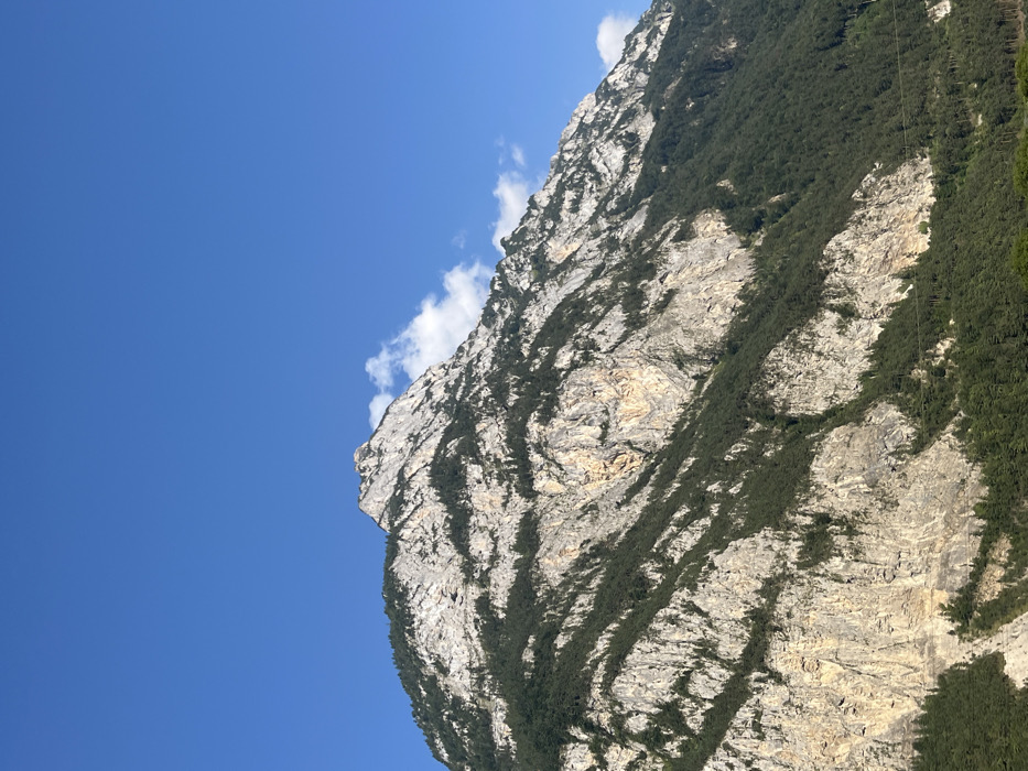 The image depicts a large mountain located in the city of Schattdorf, Switzerland, under a clear, bright blue sky. The mountain's facade is predominantly composed of various shades of light grey, white, and pale brown rock, exhibiting distinct horizontal and diagonal geological striations and rugged textures. Interspersed and growing upon these rocky surfaces are numerous sections of dense, dark green coniferous trees, particularly prevalent on the lower and mid-slopes. The mountain culminates in a jagged, lighter-toned peak toward the upper center of the frame. A few small, scattered white cumulus clouds are visible in the blue sky, primarily near the mountain's peak and along its upper right slope. Faint, dark horizontal lines, consistent with power or communication lines, traverse the lower right section of the mountain's forested area. No human subjects, animals, or other significant man-made structures are present in the scene.