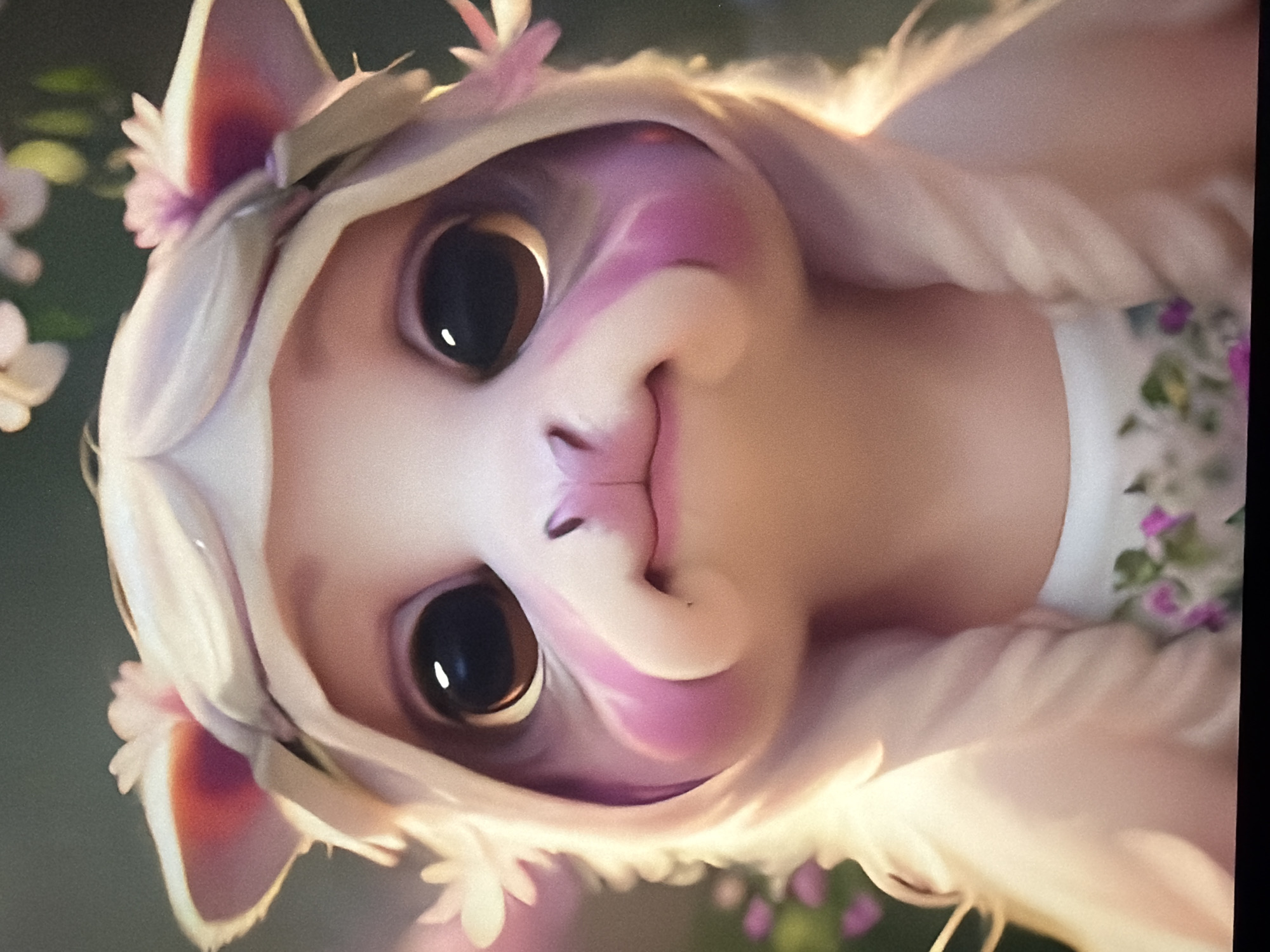 The image is a close-up, portrait-style photograph of a stylized, animated creature. The creature has large, dark eyes, a small pink nose, and prominent pink markings on its cheeks. It appears to be wearing a light-colored hood adorned with small white and pink flowers, and possibly a wreath. The creature's fur or skin is a pale pinkish-white. The background is softly blurred, with dark green and hints of pink, suggesting a natural, possibly floral, environment. There are no discernible elements in the image that would indicate a specific location in the city of Kyiv, Ukraine, or any other city. The scene is static and focuses solely on the creature's face and upper body.