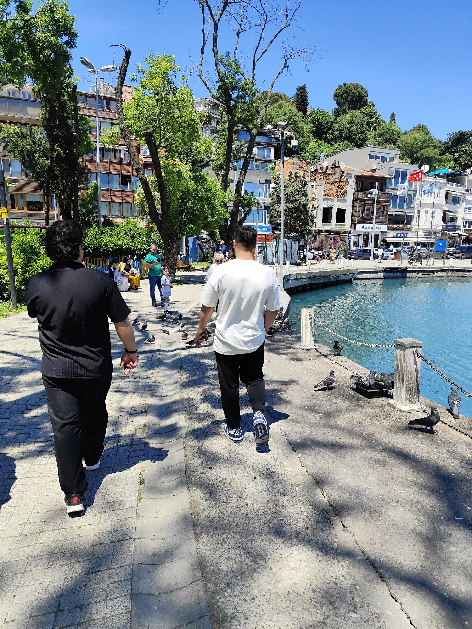 The image depicts a sunny day in Sarıyer, Turkey, with two men walking along a waterfront promenade. The man on the left wears a black shirt and pants with red-accented shoes, while the man on the right wears a white shirt and black pants with blue-accented shoes. Both are facing away from the viewer. Numerous pigeons are scattered along the pathway. In the background, a body of water is visible with buildings on the opposite side, including some with a Turkish flag. Trees are interspersed throughout the scene. The walkway appears to be constructed from concrete and brick, with tree shadows cast across it. The water is a light blue color.
