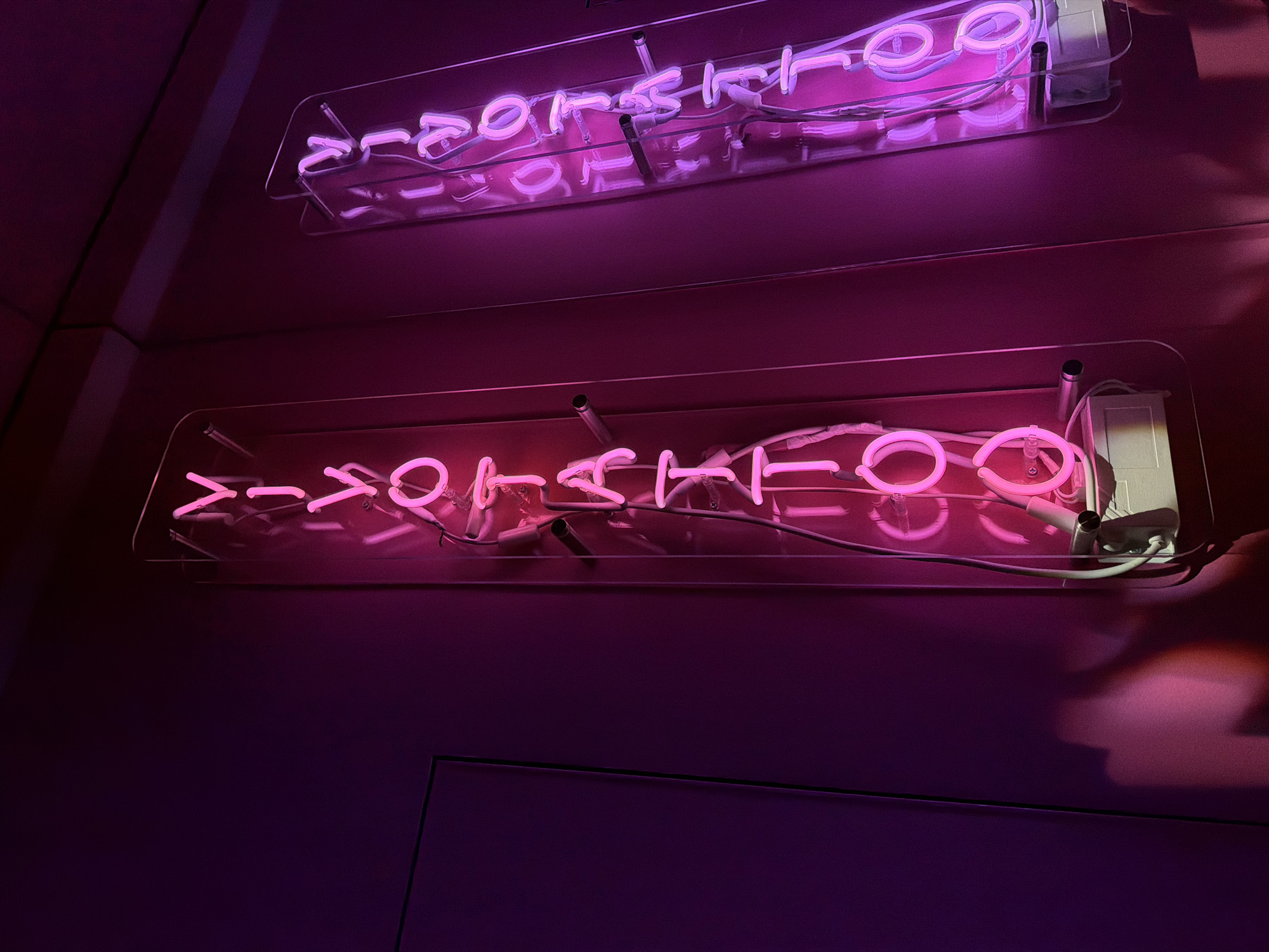 The image shows two pink neon signs mounted on a dark purple wall. The top sign reads "Sports Roo". The bottom sign reads ">->Ostattoo". The signs are encased in clear acrylic boxes with visible wires and power supplies. The location is likely Moscow, Russia, as "Ostattoo" could be a misspelling of "Ostankino," referencing the Ostankino TV Tower in Moscow.