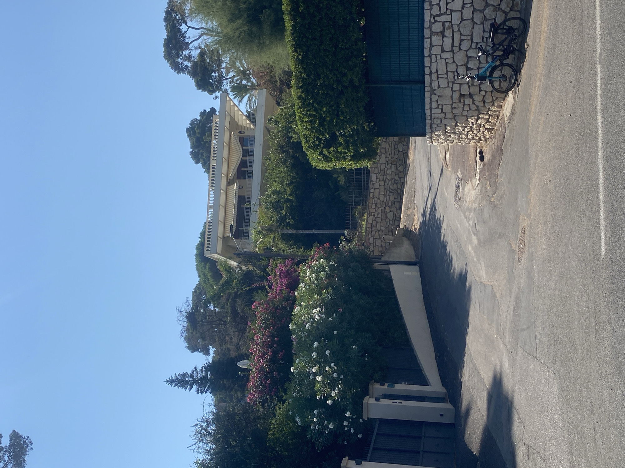 A bright, sunny day in Antibes, France, is captured in this vertical, eye-level shot. The scene depicts a residential street winding uphill, bordered by lush vegetation and a multi-story house.
In the foreground, the asphalt road shows some wear and tear with patches and cracks, and is partially shaded by tree shadows. A pale blue bicycle with a black seat and handlebars is parked on the right side of the road, leaning against a stone wall. The wall, constructed with rough, light-colored stones, forms a retaining wall along the uphill slope.
The street is lined with vibrant greenery. On the left, a dark gray metal gate is visible, with a white pillar beside it. Beyond the gate and pillar, a slope is covered with dense bushes, some featuring clusters of white flowers and others with striking magenta blossoms. A tall, slender coniferous tree stands among the foliage.
Further up the hill, a modern, white, multi-story house is partially visible, nestled amidst trees. The house features a broad, flat roof with a decorative railing and awnings extending over balconies.
The environment is characterized by a clear, bright blue sky, indicating fair weather. The overall impression is of a peaceful, upscale residential area on a warm, sunny day.