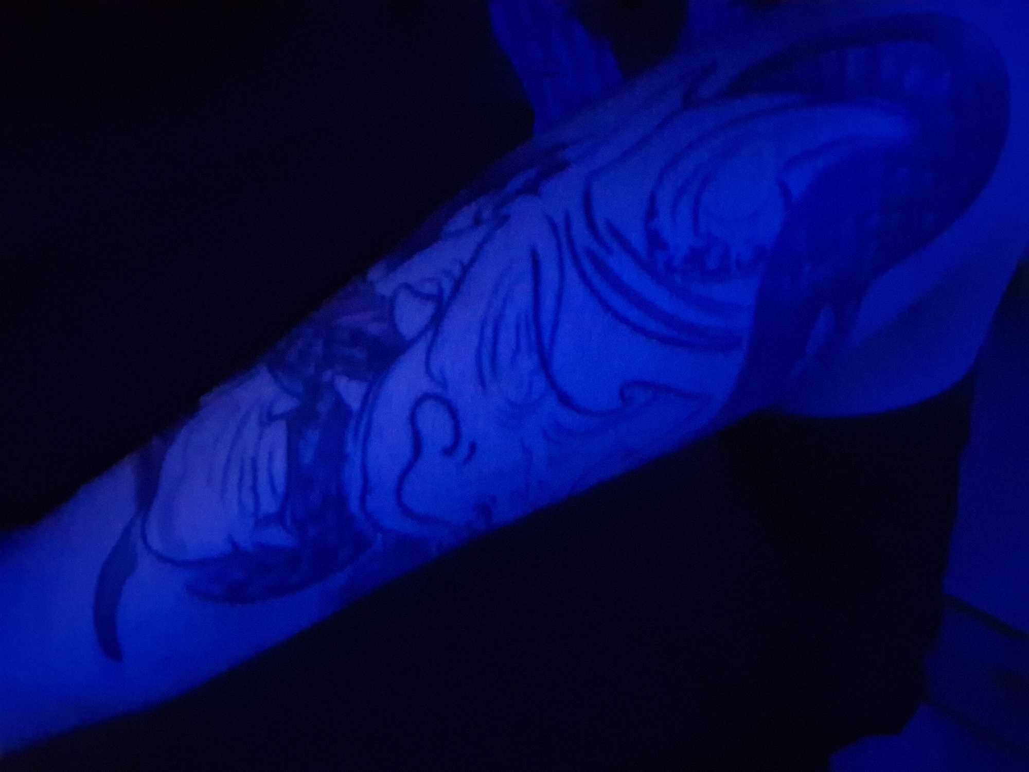 The image depicts a person's arm with a large tattoo, illuminated by blue light. The tattoo appears to have an ornate, possibly Asian-inspired design, with swirling patterns and what might be a depiction of a figure or creature. The scene is dark except for the blue light source highlighting the tattoo. The exact location in Varna, Bulgaria cannot be determined from the image.