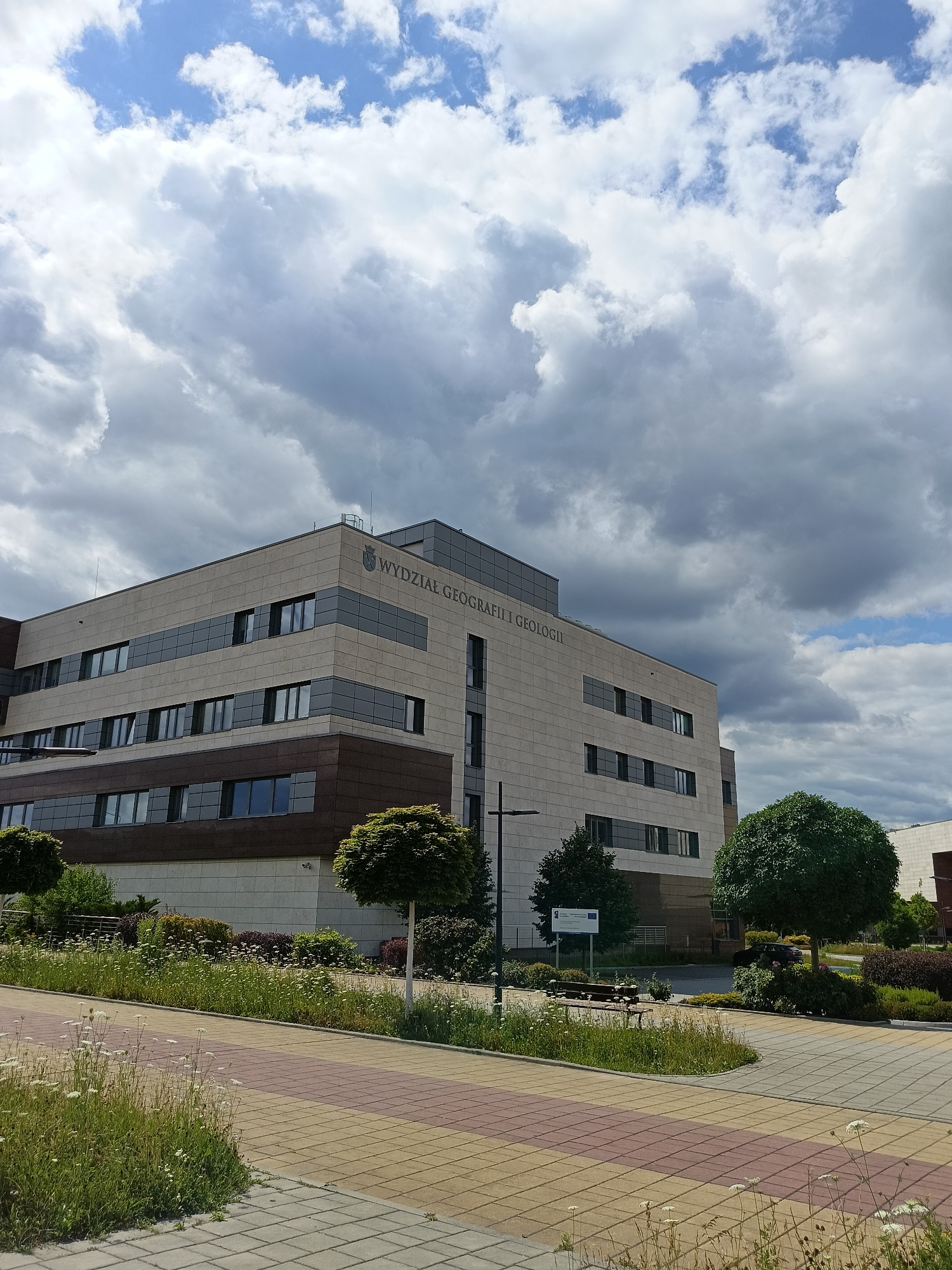The image depicts the Faculty of Geography and Geology building at Adam Mickiewicz University (AMU) in Krakow, Poland. The building is a modern, multi-story structure with a beige, stone-like facade and dark-tinted windows arranged in horizontal bands. The inscription "WYDZIAŁ GEOGRAFII I GEOLOGII" is visible on the upper part of the building.
The foreground features a paved walkway made of interlocking bricks in shades of yellow, red, and gray. Wildflowers and green grasses grow along the edge of the walkway and in the landscaped areas surrounding the building. Several trees, some with a rounded, sculpted canopy, are strategically placed around the grounds.
In the background, more of the university campus is visible, including other buildings and more greenery. The sky is partly cloudy, with large white and gray clouds against a bright blue sky. There are no people visible in the image. The scene appears to be a calm, sunny day on the university campus.