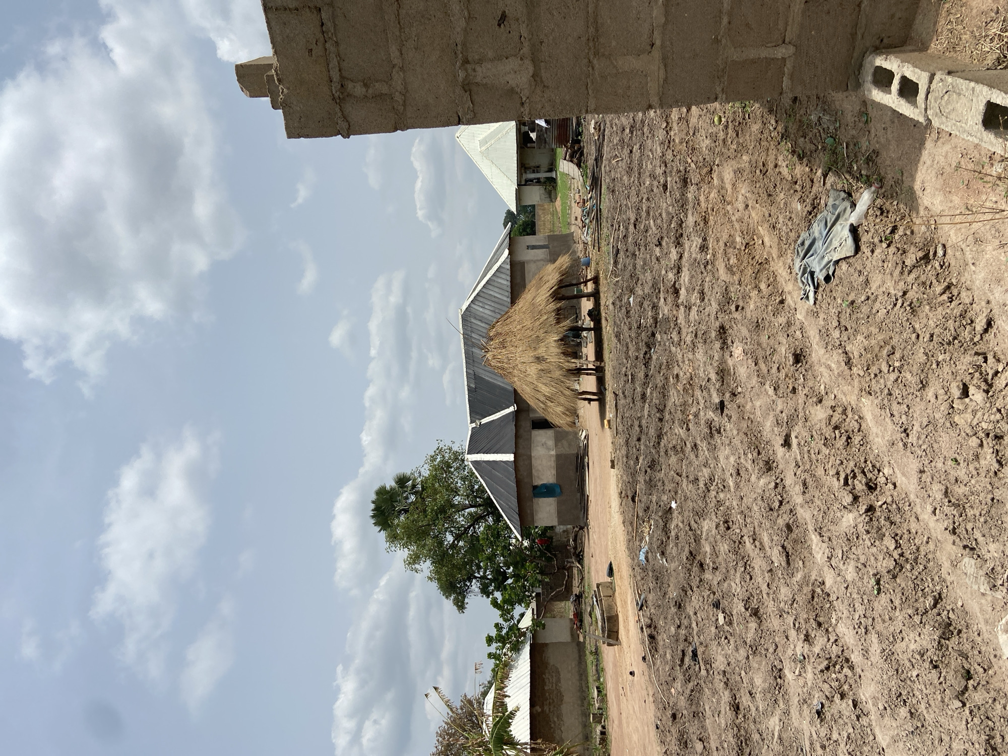 The image captures an outdoor scene in Mararaba, Nigeria, characterized by an unpaved, dry earthen ground in the foreground and mid-ground. The earth appears light brown, with signs of light tillage or disturbance, and a few pieces of scattered debris, including a crumpled dark fabric on the right side.
To the immediate left, a concrete block wall of an unfinished or utilitarian structure frames part of the scene. In the mid-ground, several buildings are visible. A prominent structure features concrete block walls and a dark, corrugated metal roof. Adjacent to it stands a traditional shelter or hut with a conical or peaked roof made of light brown thatch, supported by visible posts. Further in the background, another building with a lighter corrugated metal roof can be seen.
A large, verdant tree with dense green foliage and distinct, palm-like leaves at its crown is situated between the buildings on the left side of the mid-ground. The sky above is mostly covered with scattered white clouds, indicating a daytime setting, possibly under a partly overcast sky. No people are visible, and there is no discernible text. The scene conveys a sense of a developing rural or semi-urban community.