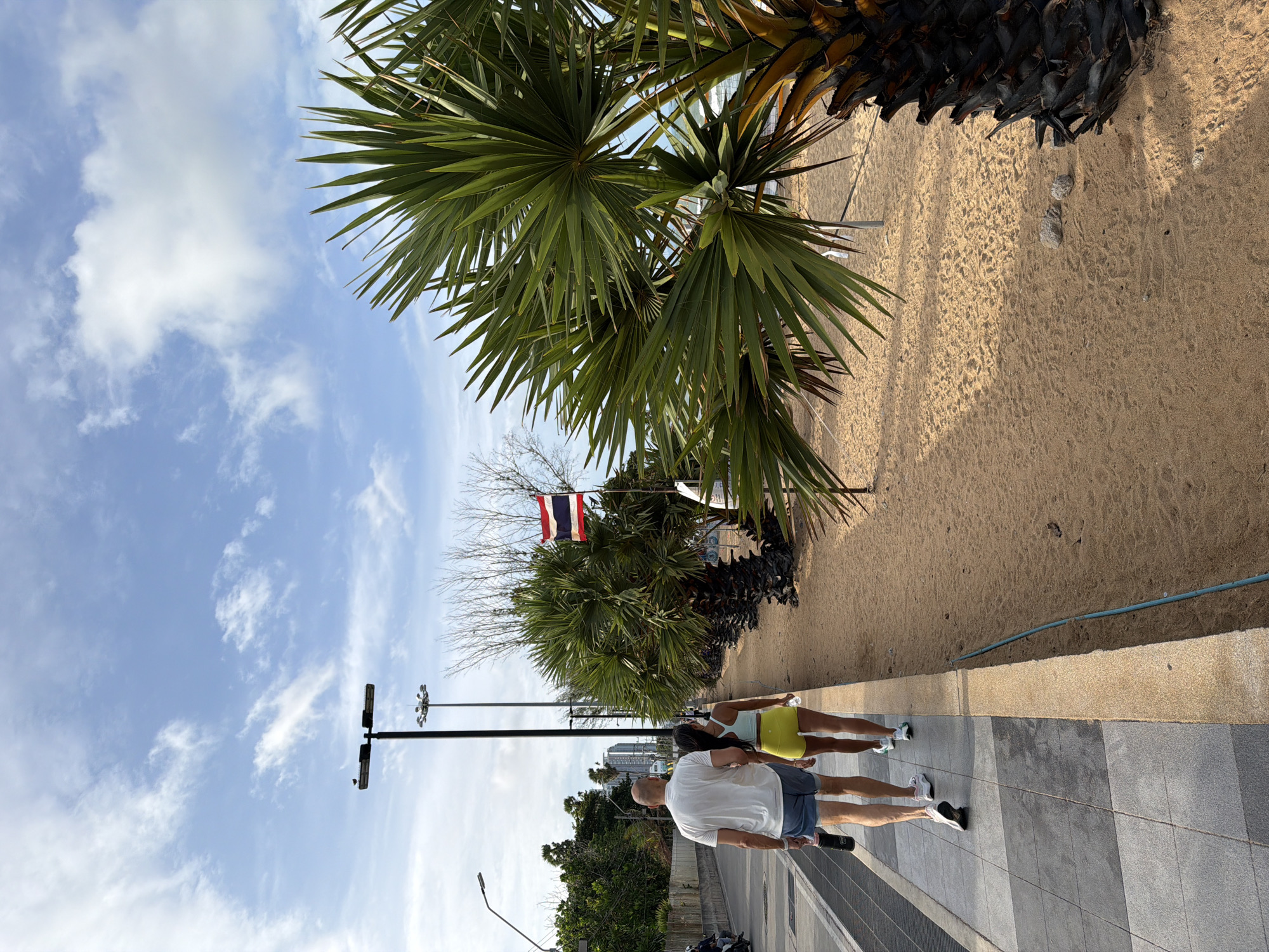 The image depicts a daytime scene in Pattaya City, Thailand, showing two individuals walking on a paved sidewalk alongside a sandy area with palm trees. The male, positioned closer to the camera on the left, wears a white t-shirt, blue shorts, and white sneakers, holding a black water bottle in his right hand. The female, walking slightly behind and to his right, wears a light blue or mint green athletic top, neon yellow shorts, and white and green sneakers, holding a clear water bottle in her right hand. Both are walking away from the viewer.
To their right, a sandy strip of ground is bordered by a low concrete curb, separating it from the sidewalk. A blue hose lies on the sand parallel to this curb. A row of palm trees, characterized by large, spiky green fronds and dark, rugged trunks, lines the sandy area. Beyond these palm trees, the sandy ground extends further towards what appears to be a beach or shoreline, with faint indications of water or distant structures. A Thai flag (red, white, and blue horizontal stripes) is visible hanging from a pole among the palm trees.
On the left side of the image, the sidewalk features alternating light and dark grey square tiles. A street runs parallel to the sidewalk, with a concrete barrier and lush green foliage on the far side. Tall streetlights with multiple fixtures are spaced along the sidewalk and the road. In the distance, urban buildings and skyscrapers are visible under a partly cloudy blue sky. A small bird is perched on one of the distant streetlights.