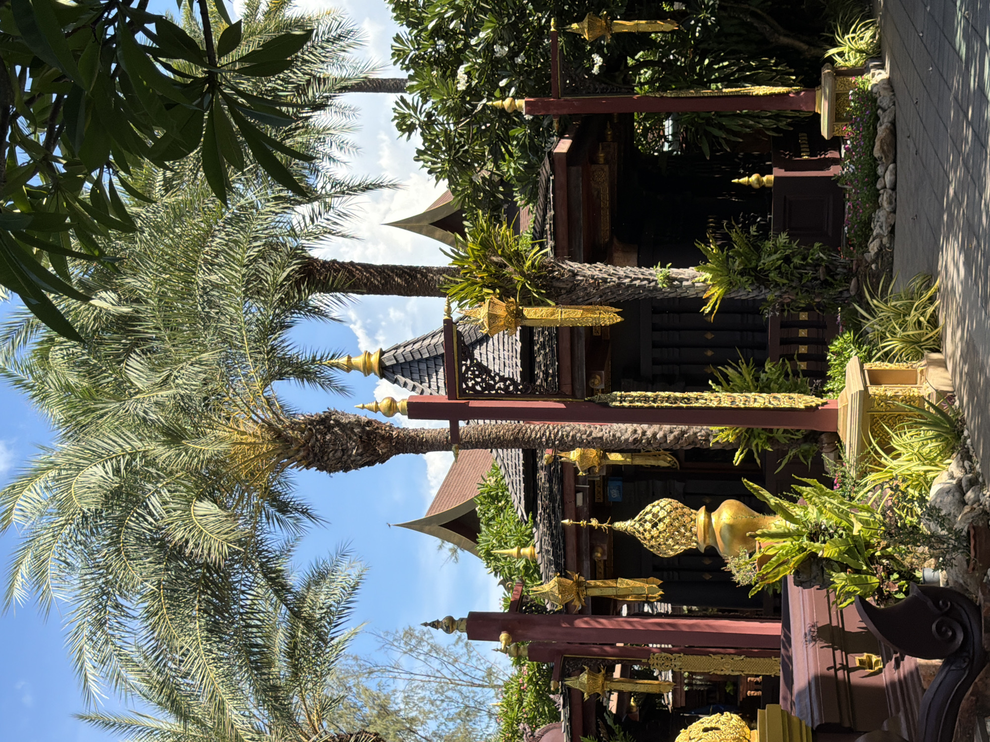 A full, eye-level shot shows a tropical garden with elaborate, dark-brown, wooden structures adorned with gold accents and pointed roofs. Tall palm trees with green fronds tower over the scene, their trunks textured and brown. In the foreground, intricately carved golden lanterns hang from dark-red posts. Lush green plants, including ferns and grass-like vegetation, are scattered throughout the garden, some growing in pots and others directly in the rocky ground. A paved pathway with dappled sunlight patterns leads through the garden. In the background, a large, red-roofed building with gold finials is visible, partially obscured by trees and foliage. The sky above is a clear, bright blue with scattered white clouds.
