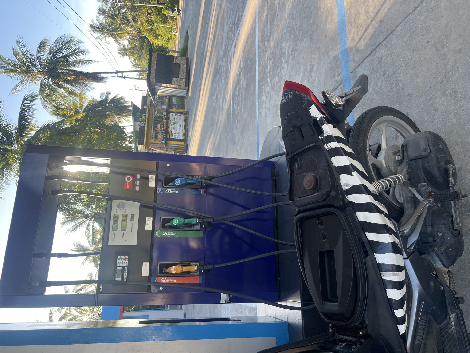 A motorcycle with black and white zebra-striped bodywork is parked at a gas station in Koh Phangan, Thailand. The gas pump is blue, with visible displays showing prices and fuel types like "Gasohol 95" and "Diesel B7". In the background, palm trees, power lines, and a small street-side shop with colorful merchandise are visible. The scene is set during the daytime, with sunlight casting long shadows across the concrete ground.