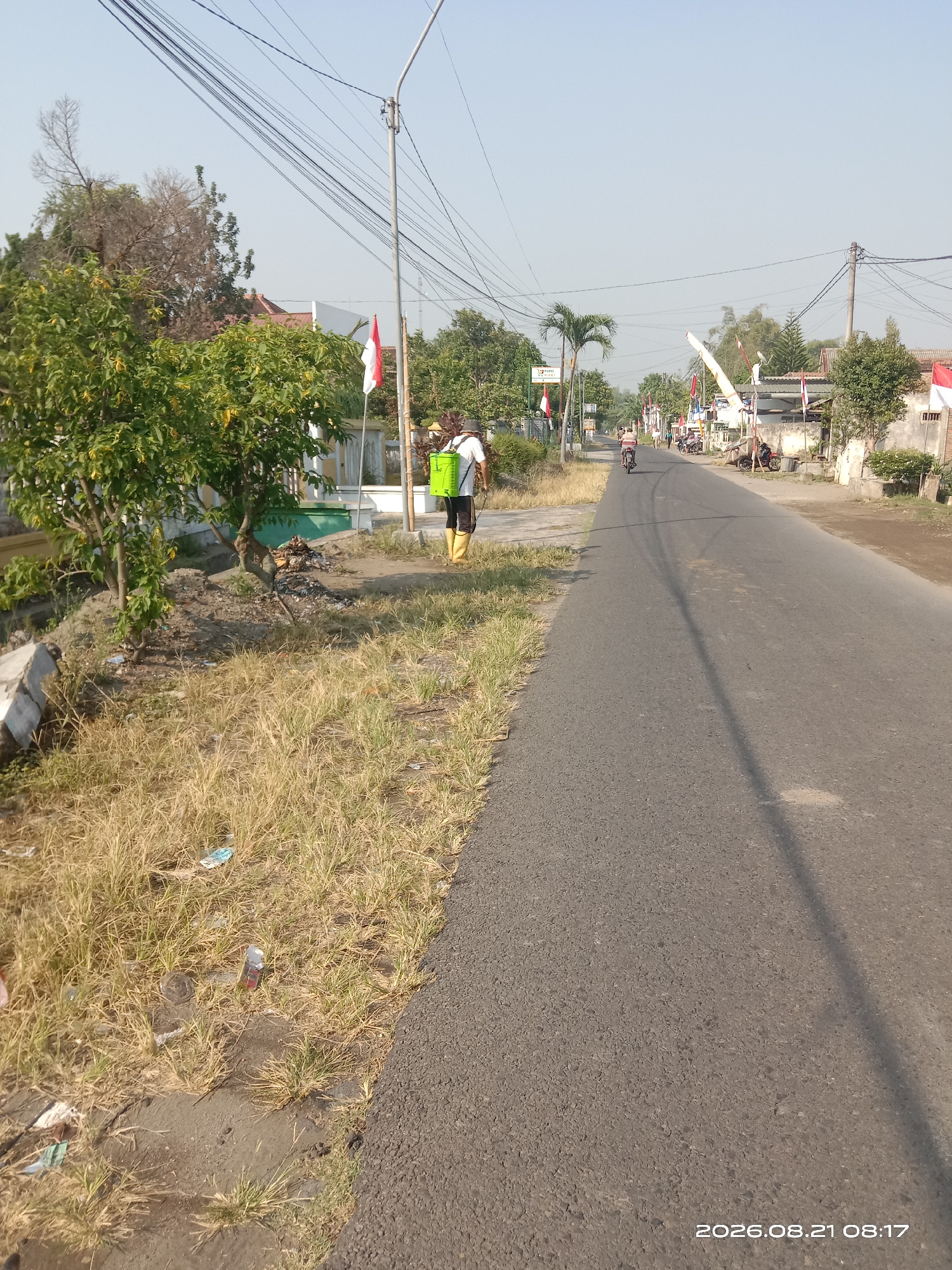 This is a medium-shot, outdoor, eye-level, daytime photograph of a street in Japanan, Indonesia. The scene is dominated by an asphalt road, a grassy verge, and several buildings. A person wearing yellow boots, a white shirt, and a lime green backpack is visible walking away from the camera on the grassy verge. The backpack suggests the person may be carrying spraying equipment. Further down the road, two people on bicycles are traveling in the same direction as the viewer. Several parked motorcycles are visible on the right side of the road, near the buildings. Indonesian flags are displayed on poles in front of some of the buildings. The sky is clear and bright, indicating a sunny day. A street lamp is present on the left side of the road. The overall environment appears to be a rural or semi-urban residential area.
