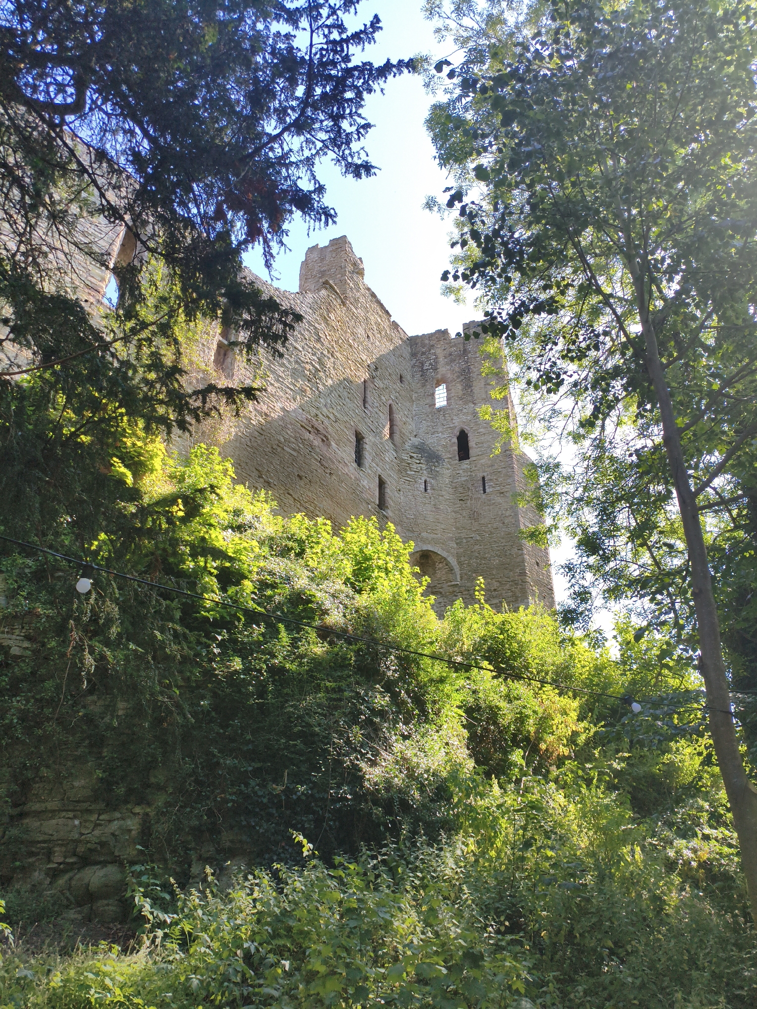 An image depicts the ruins of Ludlow Castle, located in Ludlow, United Kingdom. The castle ruins are visible from a low angle, surrounded by lush green foliage and trees. The stone walls of the castle are weathered and partially overgrown with vegetation, suggesting age and disuse. Sunlight filters through the trees, casting shadows on the castle walls and the surrounding landscape. The sky is bright and clear, indicating a sunny day. The scene evokes a sense of history and natural beauty, with the ancient structure nestled within a vibrant natural setting.