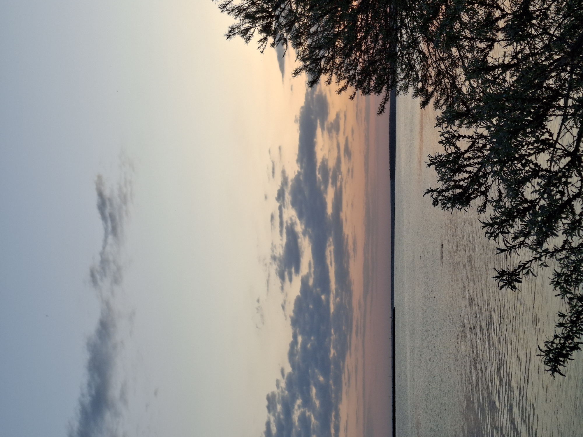 The image shows a body of water, likely a lake or reservoir, at sunset or sunrise. The sky is a mix of blue and orange hues, with scattered clouds. Tree branches are visible on the right side of the frame. The location is suspected to be near the city of Chaikovsky, Russia. There are no people visible in the image. The scene depicts a calm, natural environment with the sky and water as the primary subjects.