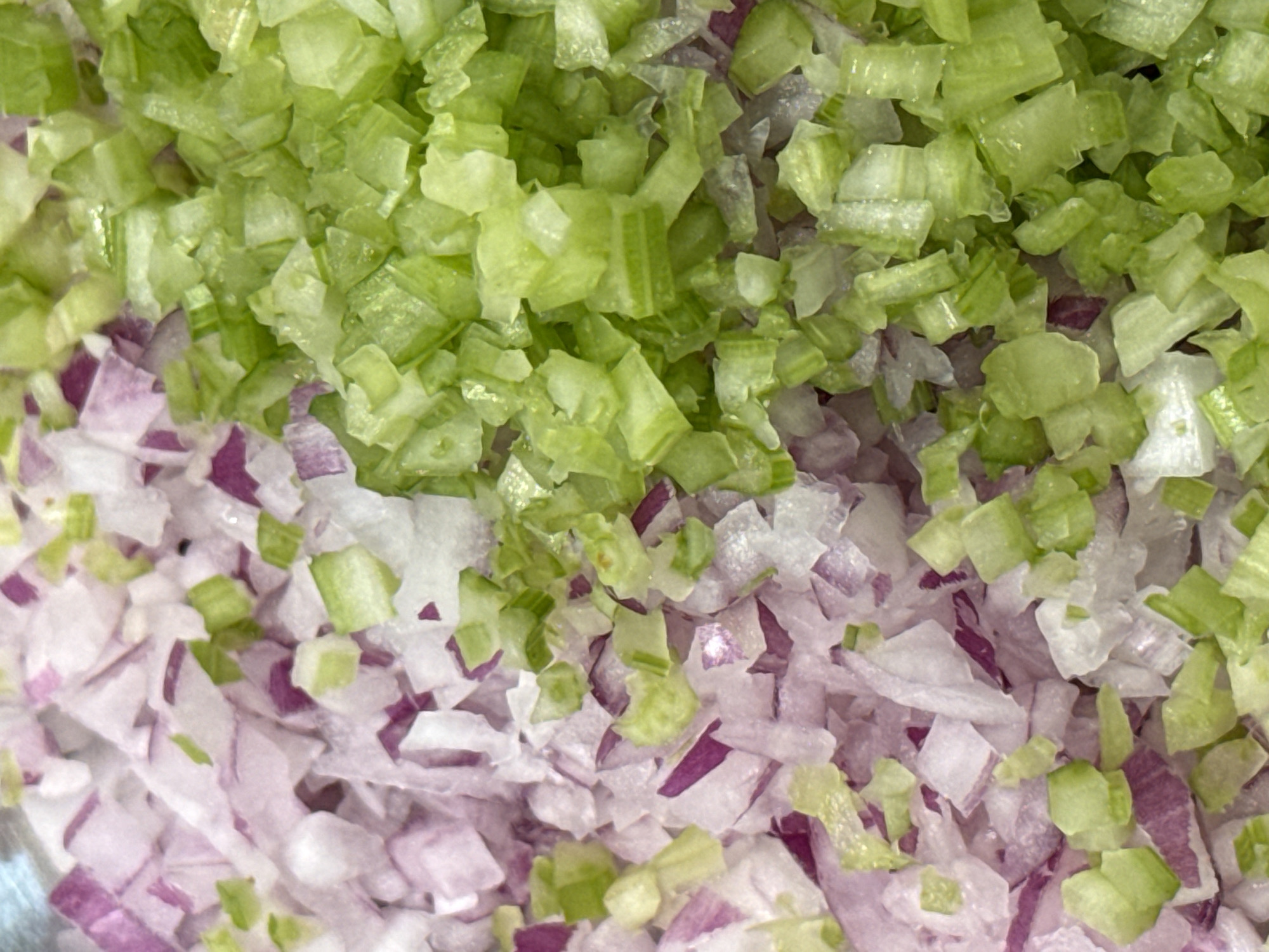 The image is a close-up, overhead shot of finely diced red onion and celery in a metal bowl. The red onion pieces are a mix of purple and white, while the celery is a vibrant green. The ingredients appear fresh and are chopped into small, uniform pieces. There is no indication of location in Tel-Aviv, Israel.