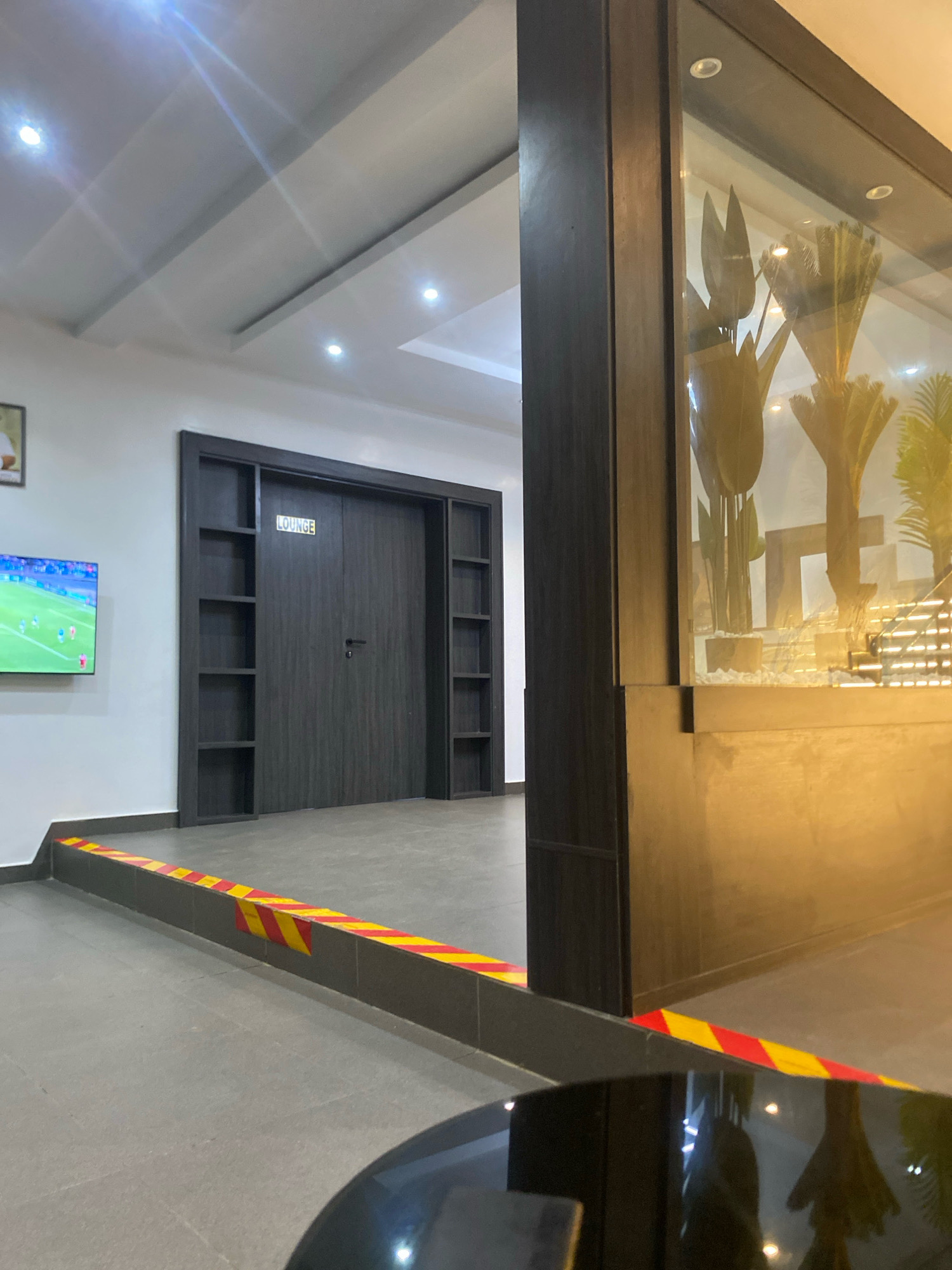 A dimly lit, modern interior space features a dark wooden door with a "LOUNGE" sign above it, flanked by recessed shelving units. To the left, a television displays a sports match. A red and yellow striped barrier runs along the floor in front of the door. To the right, a wooden pillar supports a glass display case containing artificial plants and decorative stones. The ceiling is a dropped ceiling with recessed lighting. The floor is tiled. The scene is devoid of people and activity.