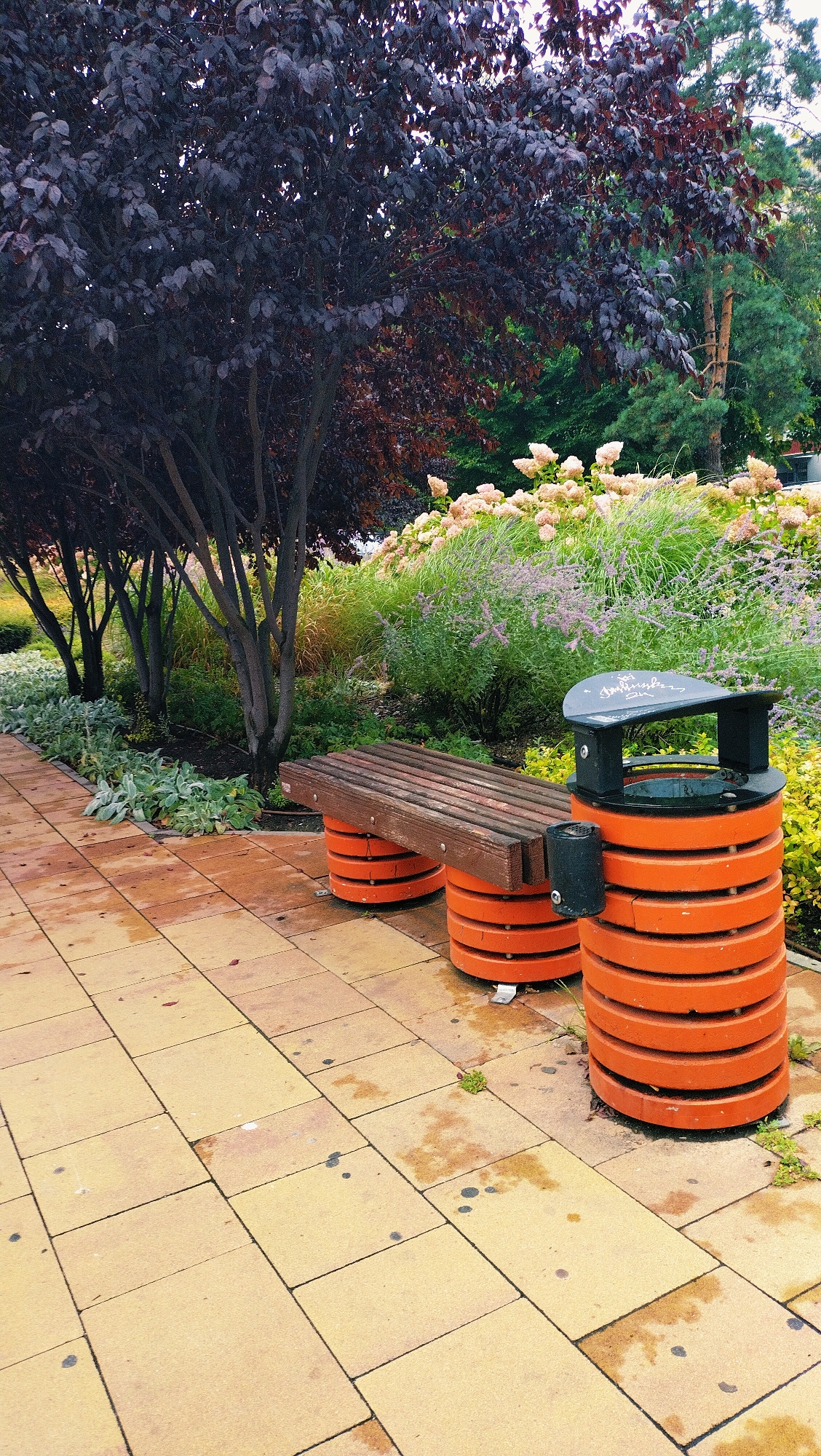 This is a photograph of a public park area in Horishni Plavni, Ukraine. The scene features a pathway paved with tan-colored square tiles, some of which appear wet and have dark smudges. To the right of the pathway, there is a cylindrical trash receptacle with an orange, ribbed exterior and a black lid. Adjacent to the trash can, on the left, is a wooden slatted bench supported by two orange cylindrical bases. Behind the bench and trash can is a lush garden area with various plants, including ornamental grasses, low-lying greenery, and a large shrub with dark red leaves. In the background, taller trees with green foliage are visible, as well as some light pink flowering bushes. The overall impression is that of an outdoor public seating and waste disposal area within a garden setting.
