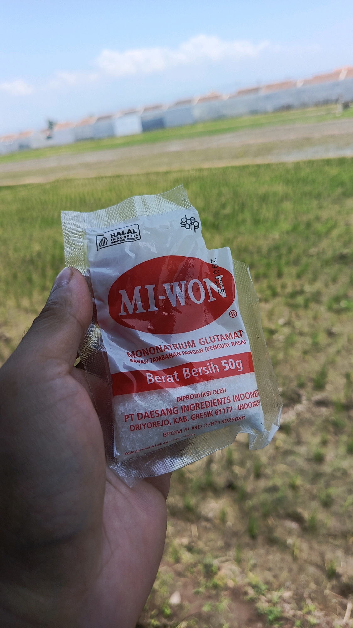 A person's hand holds a small, clear plastic packet containing a white powdery substance, identified by text on the packet as "MI-WON MONONATRIUM GLUTAMAT". The packet also states "Berat Bersih 50g" (Net Weight 50g) and identifies the producer as "PT DAESANG INGREDIENTS INDONESIA". The packet displays a "HALAL INDONESIA" logo. The background consists of a green field with a row of white buildings and a clear blue sky. The image appears to have been taken outdoors, possibly in a rural or semi-rural area, which aligns with the description of Babadan, Indonesia, known for its agricultural landscape.