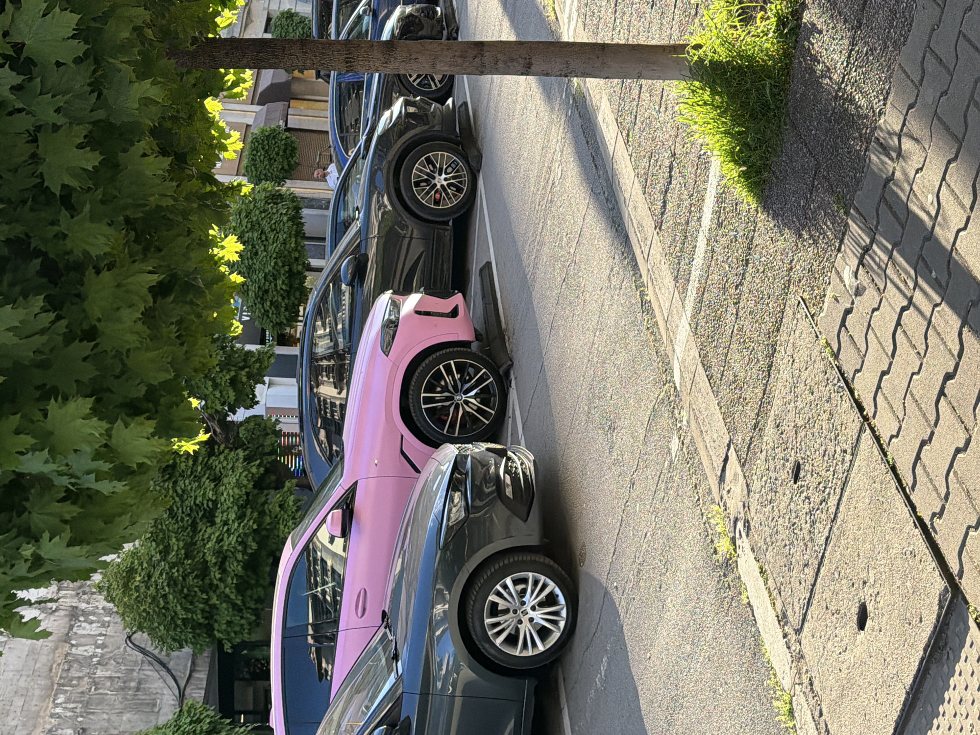 The image captures a sunlit street scene, viewed from a slightly elevated angle, showing a row of parked cars alongside a sidewalk. The most prominent vehicle is a brightly colored, matte pink SUV/crossover, positioned centrally in the frame. In front of it is a dark grey SUV/crossover with intricate spoked wheels, and behind it, another dark-colored vehicle. Further down the street, more dark cars are visible.
To the left, a dense canopy of large green tree leaves provides shade, with some leaves illuminated by direct sunlight, casting dappled light on the scene. A tree trunk runs vertically through the left side of the frame. On the right, a textured concrete sidewalk, made of interlocking pavers, borders a narrow strip of gravelly ground with patches of vibrant green grass. Distinct shadows from unseen objects and the trees fall across the sidewalk and street, indicating bright, clear weather and either morning or late afternoon sun.
A person wearing a white shirt is partially visible in the background, standing between two parked cars. Reflections of buildings and sky are discernible on the car windows and surfaces. The overall impression is an urban or suburban street on a sunny day with cars parked along the curb. No visible text is legible in the image.