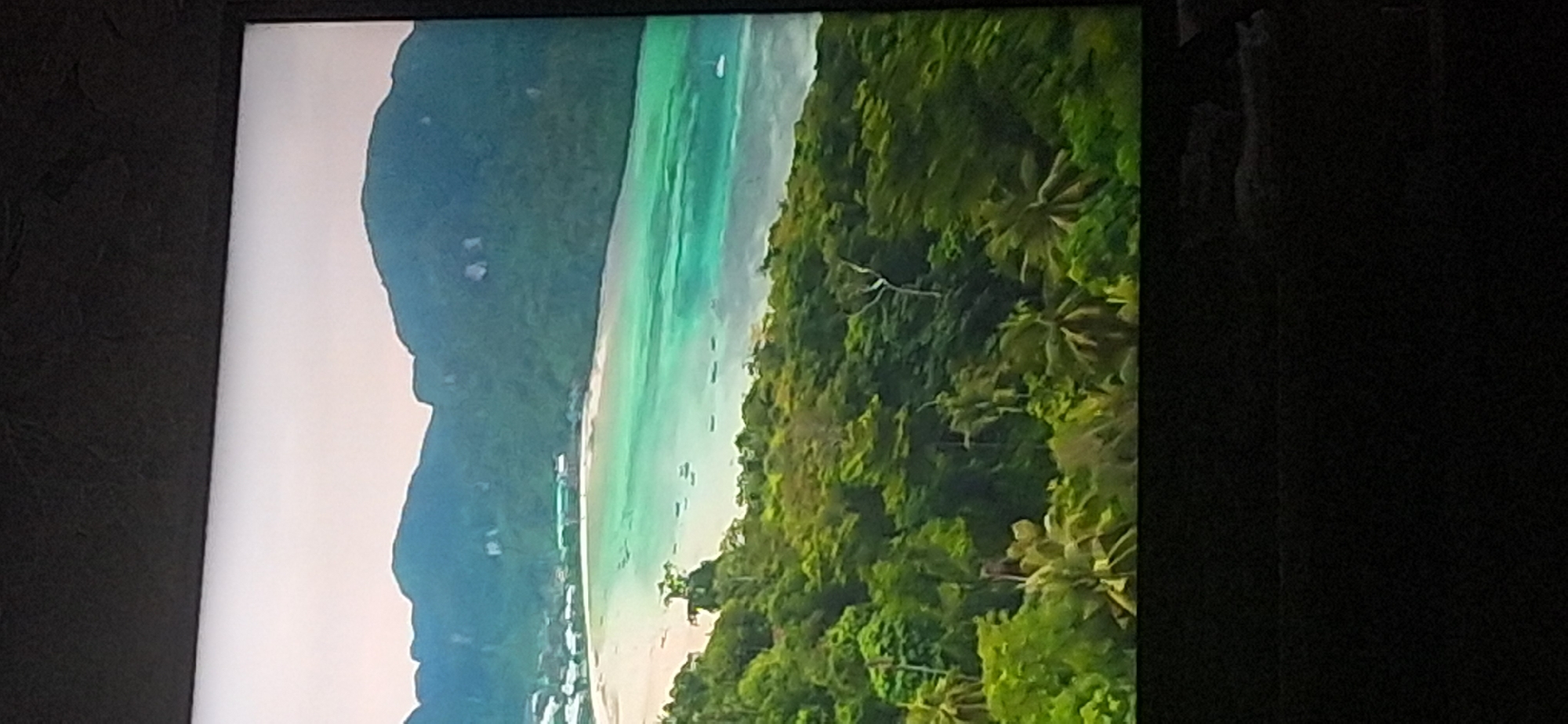 The image shows a scenic view of a tropical bay with lush green mountains in the background and turquoise water in the foreground. There are several small boats scattered across the water and a sandy beach lined with buildings. The foreground is dominated by dense green foliage, including palm trees, suggesting a warm, humid climate. The sky is a pale, hazy color. The image is an aerial or elevated perspective of a coastal landscape. There is no information within the image to suggest a location in Bila Tserkva, Ukraine, as Bila Tserkva is an inland city.