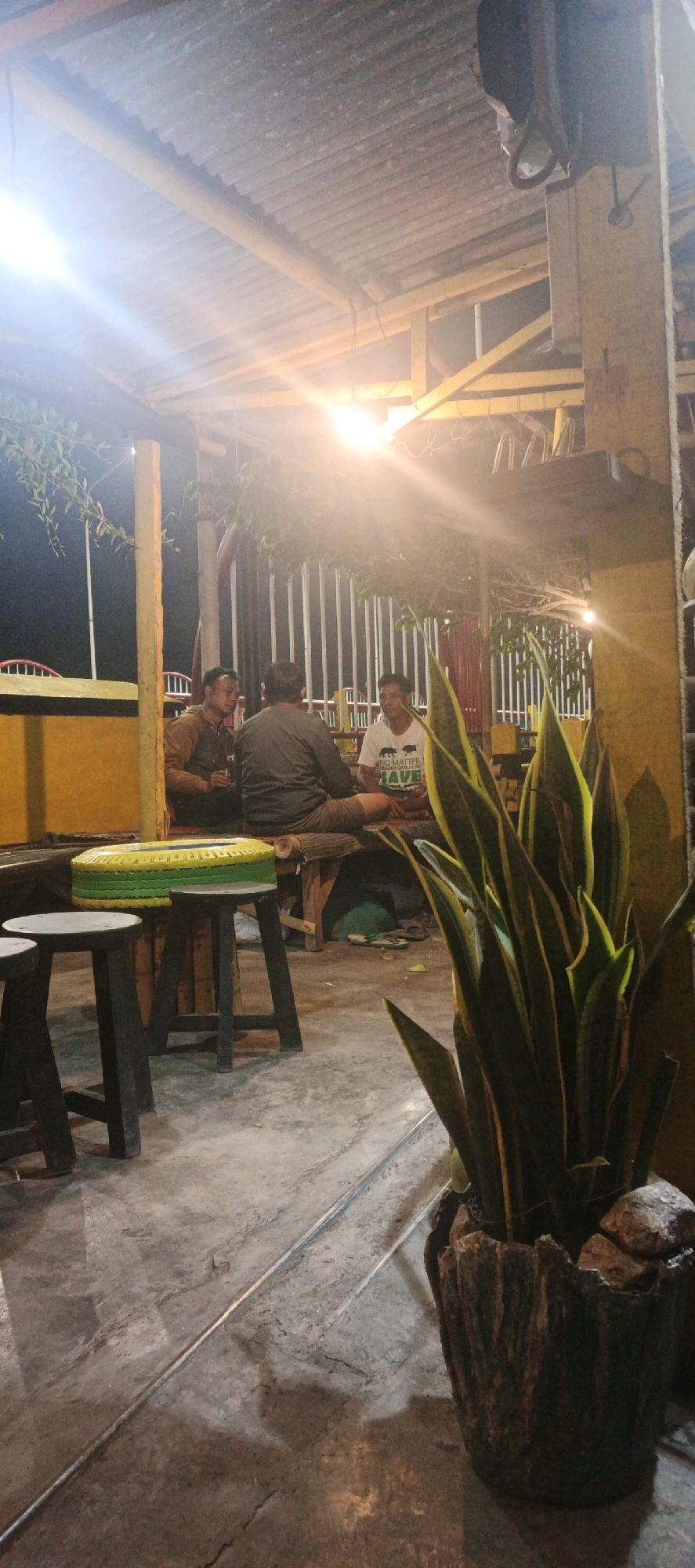 In Kasiyan, Indonesia, at an outdoor seating area, three individuals are gathered under a corrugated tin roof supported by wooden beams. The space is illuminated by bright overhead lights, casting a warm glow. A large potted snake plant, with its distinctive green and yellow striped leaves, stands prominently in the foreground on the right. To the left, two black stools are visible, with a unique table made from a brightly painted tire (yellow and green) situated behind them. In the background, the three men are seated on benches or the floor, engaged in conversation. One man, on the left, wears a brown jacket and holds a cup. The man in the center is dressed in a grey long-sleeved shirt and brown shorts. The third man, on the right, sports a white t-shirt with a graphic print and is seated cross-legged. A metal fence forms the backdrop behind the seated individuals, with some foliage visible to the left. The floor appears to be concrete.