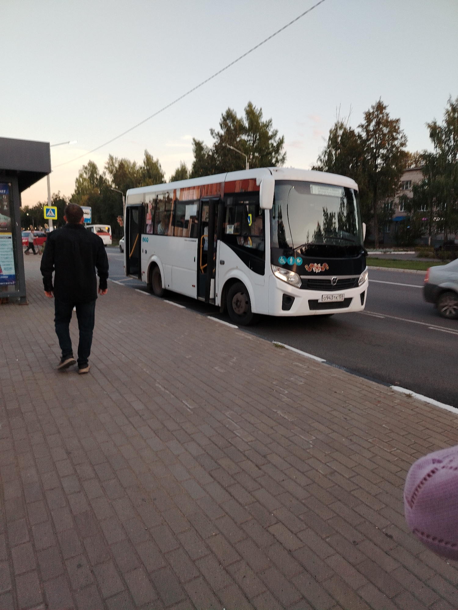 A full shot captured from a low angle shows a man walking away from the camera on a brick sidewalk. He is wearing a black long-sleeved shirt and dark pants. The man is walking towards a white bus with open doors, which is parked on the right side of the street. The bus has the number "000" displayed on its side and some windows show reflections of trees and the sky. The license plate on the front of the bus reads "0943TK 159". A silver car is partially visible on the road to the right of the bus. Trees with green and yellowing leaves line the background, along with buildings and a streetlamp. The sky is pale and overcast. The scene appears to be in Chaikovsky, Russia, evidenced by the license plate format and the overall setting.