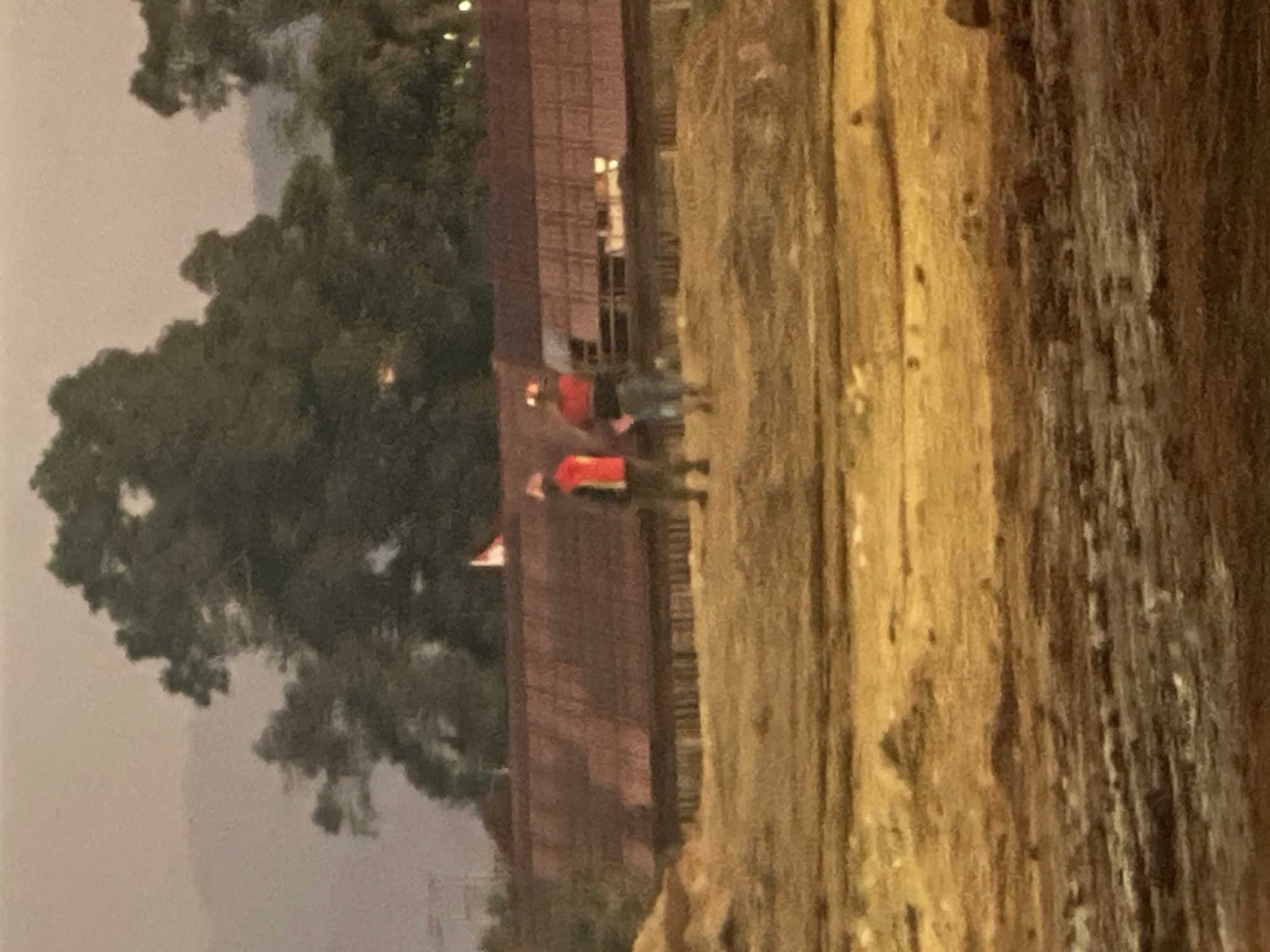 Two individuals in reflective vests are walking on a dirt path in front of a long, reddish-brown building with a corrugated metal roof. The building appears to be constructed on stilts or a raised foundation. Behind the building, several large trees with dark green foliage are visible. In the background, a hazy, mountainous landscape can be seen against a pale sky. The foreground consists of uneven, muddy terrain. The overall lighting suggests it is either dawn or dusk. The scene is identified as being in Sambalagi, Indonesia.