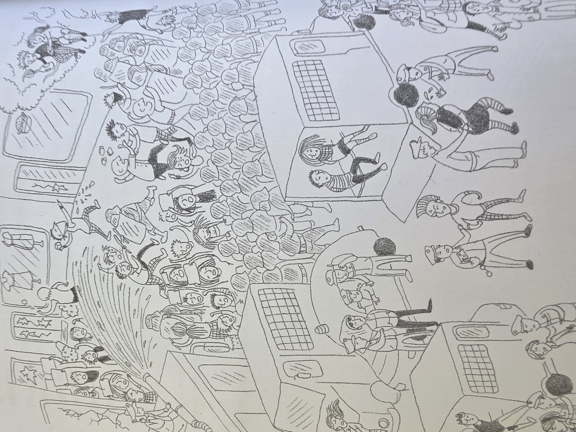 The image depicts a chaotic scene in an unknown city. Several vehicles are present, including what appears to be a police van on the right and another vehicle on the left, possibly a store or a bus, oriented at a skewed angle. A large crowd of people are seemingly being ejected from the vehicle on the left with a forceful spray. Many figures are depicted floating in the air as if airborne or falling. Several of the figures appear to be dressed in civilian clothing, while others near the police van are wearing uniforms that resemble police or authority figures. The scene has a frantic and disoriented ambiance, as if some kind of disturbance or forceful expulsion is occurring.