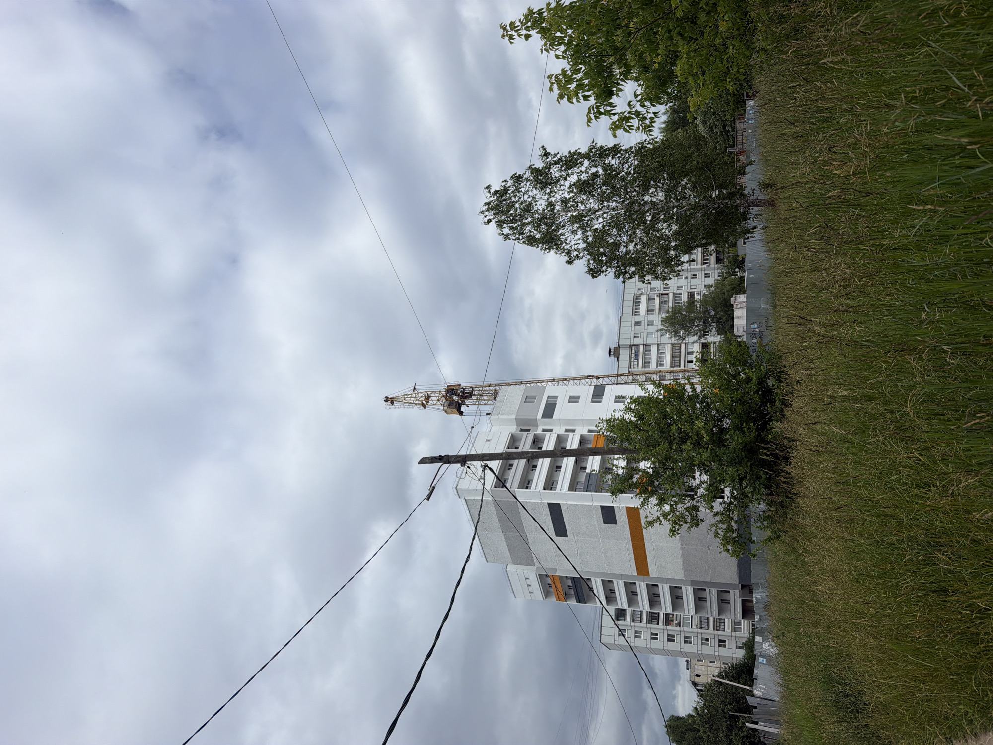 The image depicts an overcast day in Chaikovsky, Russia. In the foreground, electrical wires stretch across the frame, obscuring parts of the scene. To the right, tall, wild grass grows densely, bordering a metal fence. Behind the grass and fence, a multi-story apartment building, predominantly white with grey and orange accents, stands tall. A construction crane is visible in the upper portion of the frame, extending over the building, suggesting ongoing construction or renovation. The sky is filled with heavy, grey clouds, indicating a gloomy or rainy day. Trees with lush green foliage are scattered around the apartment building and at the edge of the frame. The overall scene conveys a sense of urban development mixed with natural elements under a somber sky. No people are visible, and there is no discernible text in the image.