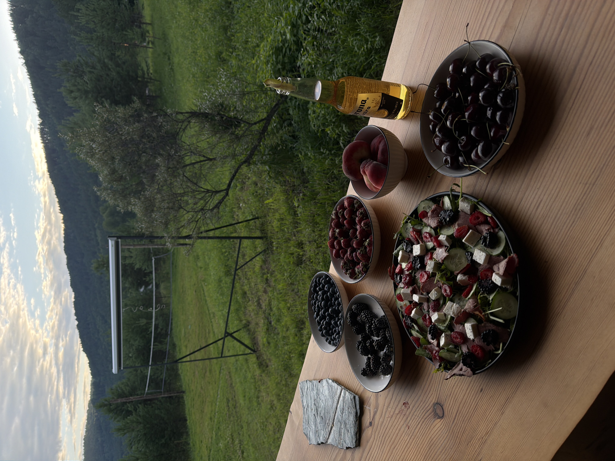 A table laden with a salad, bowls of berries and peaches, and a bottle of Corona Extra sits outdoors with a scenic backdrop of rolling hills and a forest under a cloudy sky. The scene is likely in Manskii, Russia, given the geographical context. The salad, presented in a dark bowl, is a colorful medley of greens, sliced cucumbers, chunks of white cheese, raspberries, blackberries, and thinly sliced meat. To the left of the salad, a slate-like stone rests on the wooden table. Three small bowls contain blueberries, blackberries, and strawberries, respectively. A bowl of ripe peaches is positioned near a bottle of Corona Extra beer, which has a lime wedge in its opening. The background features a lush green lawn with a volleyball net setup and trees, leading to the natural landscape of hills and a dense forest. The lighting suggests it is either early morning or late afternoon. No people are visible in the image.