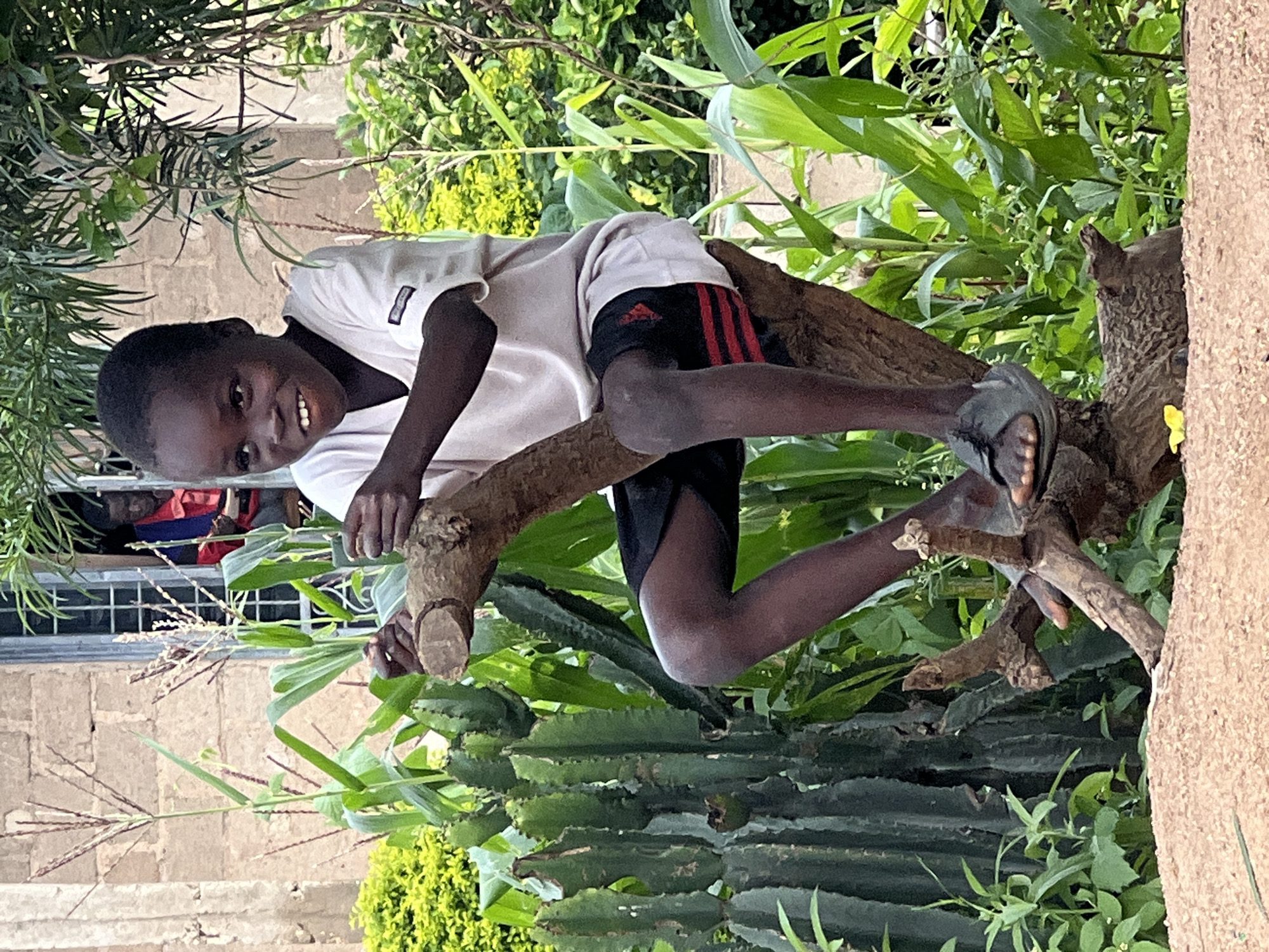 A young Black boy with dark skin and short, dark hair sits on a log in an outdoor setting. He is wearing a light-colored t-shirt and dark shorts with red stripes. The boy is smiling and looking to his right. Behind him, there is greenery, including corn stalks and a cactus, and a building with a window where two other people are visible. The ground in the foreground is covered in sand. The scene appears to be in Jos, Nigeria, as indicated by the context provided.