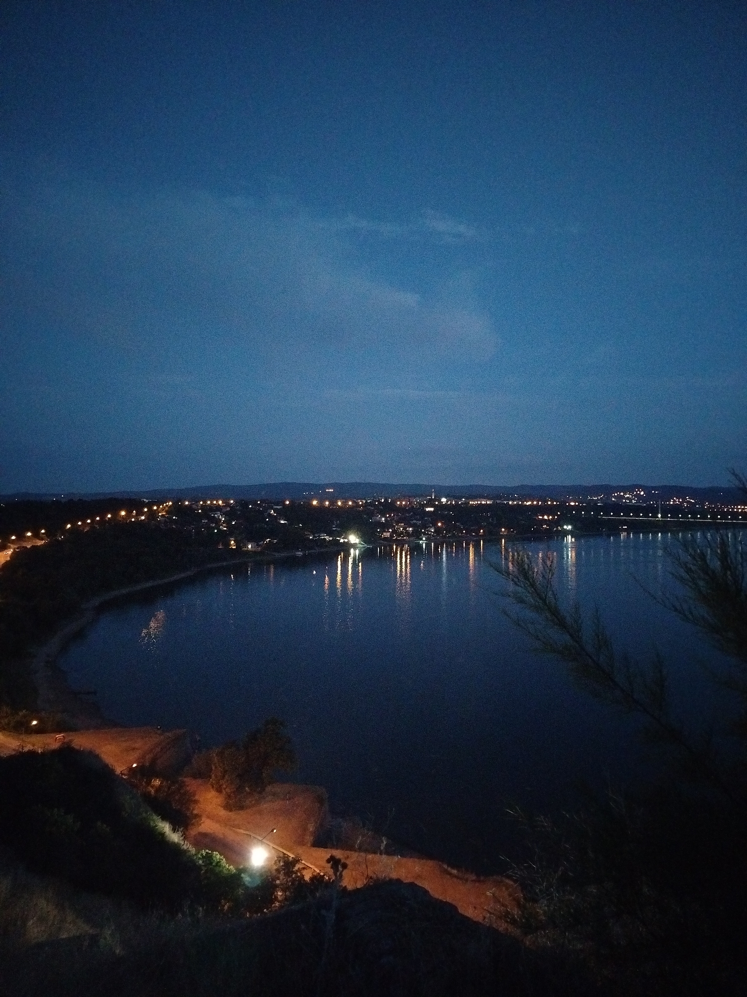 This is a vertical, high-angle, nighttime photograph overlooking the Danube River from Petrovaradin, Serbia. The scene captures the city lights of Novi Sad reflecting on the dark, calm water. In the foreground, the hilly, tree-covered terrain of Petrovaradin is visible, with a few streetlights illuminating paths on the slopes. The city lights of Novi Sad form a luminous band along the opposite riverbank, with the Petrovadin Fortress, though not explicitly detailed, being the elevated point of observation. The sky is a deep, clear blue, with minimal cloud presence. The image evokes a sense of tranquility and the beauty of a city at night.