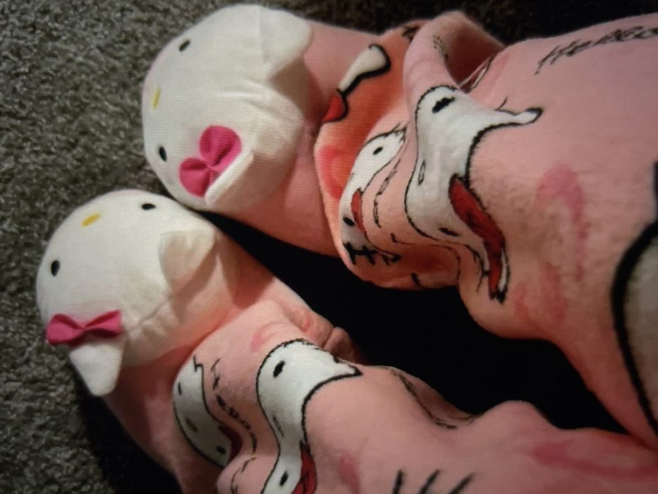 A high-angle, close-up photograph shows two feet, encased in plush pink footed pajamas or slippers, resting on a textured grey carpet. The left foot's covering features a white Hello Kitty head with black dot eyes, a yellow oval nose, and a small pink bow on its left ear. The right foot's covering displays a similar white Hello Kitty head with black dot eyes and a yellow oval nose, but with a larger, prominent pink bow positioned over its mouth area. The pink fabric extending from the foot coverings is patterned with multiple cartoon figures resembling white ducks or birds, outlined in black, with some featuring red accents. A dark shadowed area is visible between and beneath the feet. The scene is located in Arthès, France.