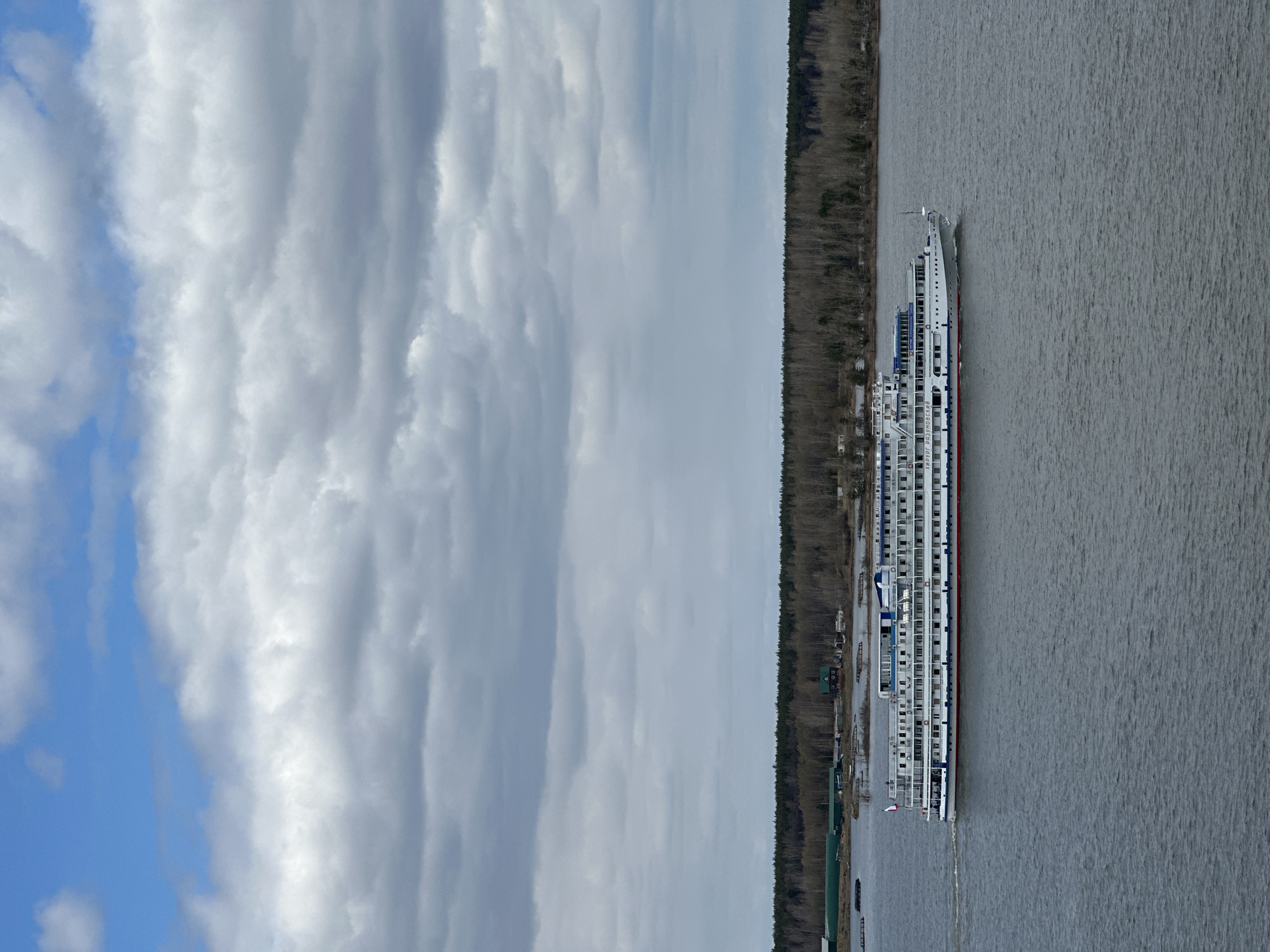 A cruise ship is docked on the edge of a body of water, likely a river or large lake, in Ольховка, Russia. The ship is white with blue and red accents, and it is docked parallel to a tree-lined shore. The sky is overcast with clouds of varying shades of grey.
