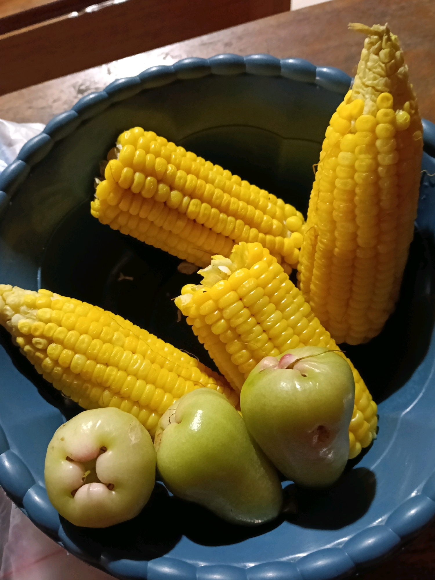 A close-up, eye-level shot shows a blue plastic bowl filled with corn on the cob and several rose apples. The corn is a bright yellow, with visible kernels arranged in rows. Two of the corn cobs are mostly intact, while two others appear to be broken in half. The rose apples are a pale green color, with some pinkish hues, and have a bulbous shape with indentations at the top. The bowl rests on a wooden surface, and a white cloth is visible to the left of the bowl. The lighting is somewhat dim, creating shadows within the bowl and on the surrounding surface. The scene is consistent with food being prepared or served in a home environment in Galuk, Indonesia.