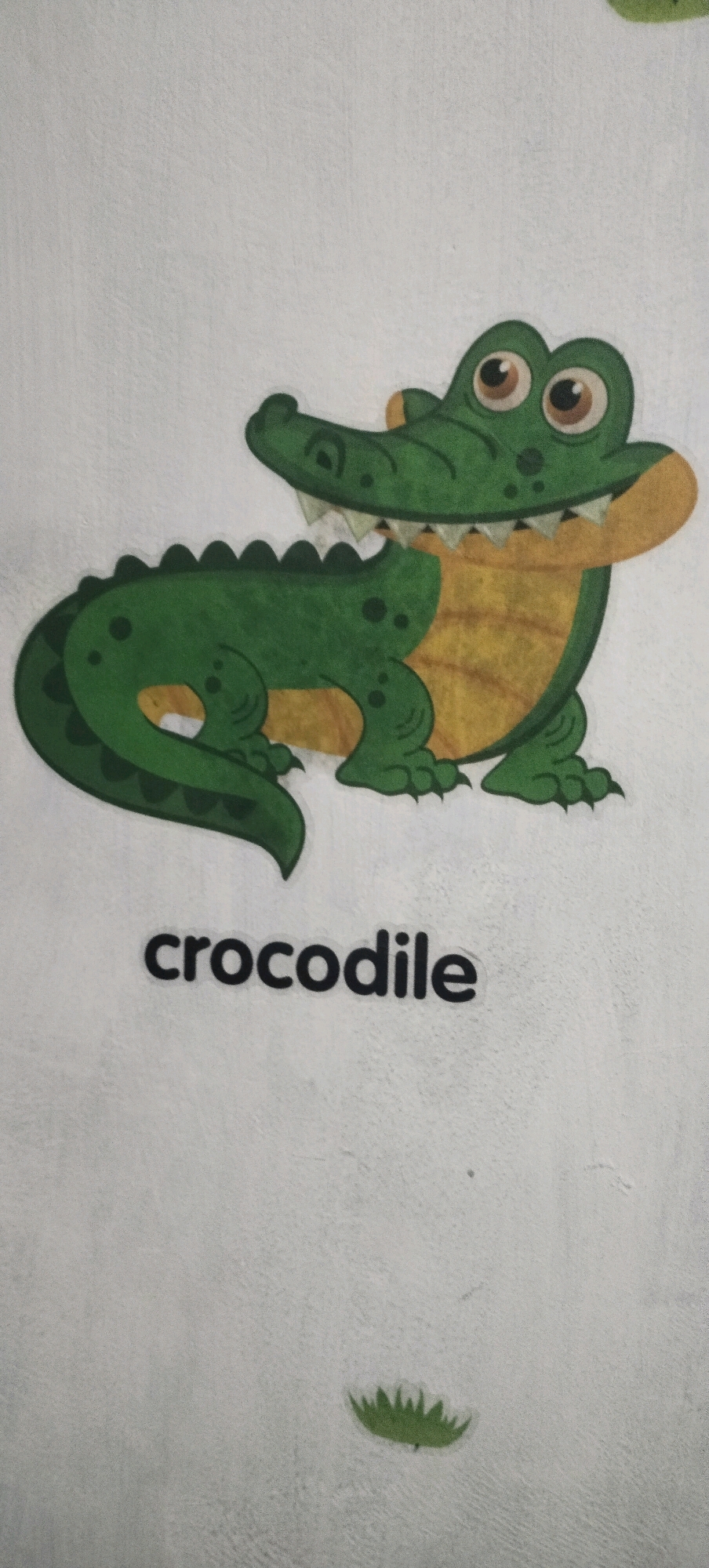 An illustration of a cartoon crocodile is displayed on a white textured surface. The crocodile is depicted in shades of green with a yellow underside and big, round eyes. Its mouth is open, revealing white, triangular teeth. The word "crocodile" is written in black, sans-serif font below the illustration. There is also a small, green, grass-like graphic in the lower right corner of the image. The scene appears to be a sticker or a cutout, as suggested by the slightly raised edges of the crocodile illustration. The overall presentation suggests an educational or decorative context. The image does not provide any information about the city of Daleman, Indonesia.