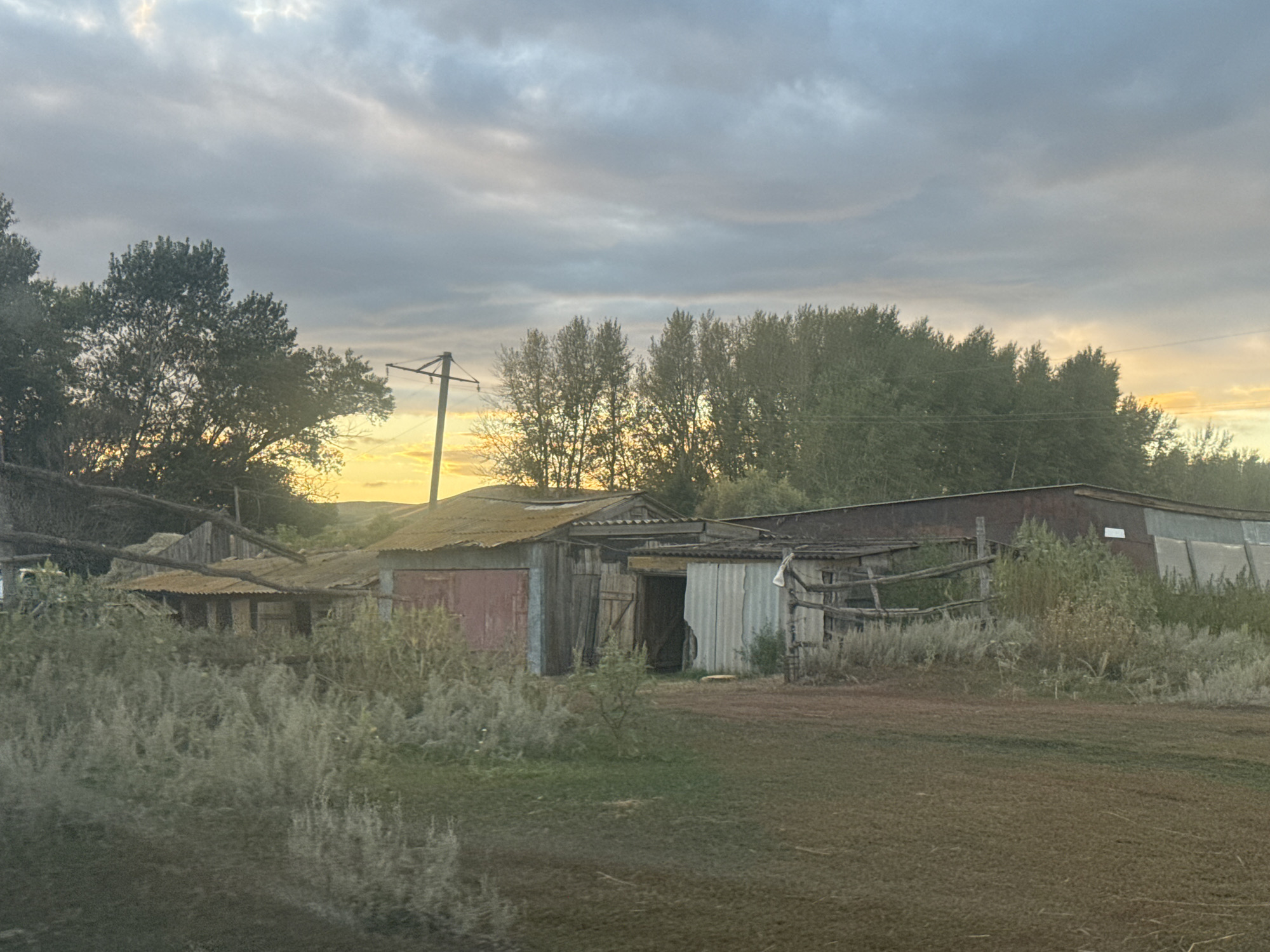 The image captures a rural scene in Vasilievka, Russia, with a cluster of modest, aging outbuildings and structures. The structures appear to be constructed from various materials, including corrugated metal and wood, and some show signs of disrepair. There is a red door visible on one of the buildings, and a doorway on another leading into a dark interior. Vegetation, including tall, wispy grasses and shrubs, surrounds the buildings and encroaches on the area. A power pole with wires stands to the left of the structures. The sky is overcast with scattered clouds, but a hint of warm sunlight, possibly from a sunset, illuminates the horizon behind a line of trees in the background. The ground in the foreground is a mix of patchy grass and dirt. The overall impression is one of a functional, perhaps slightly neglected, rural property.