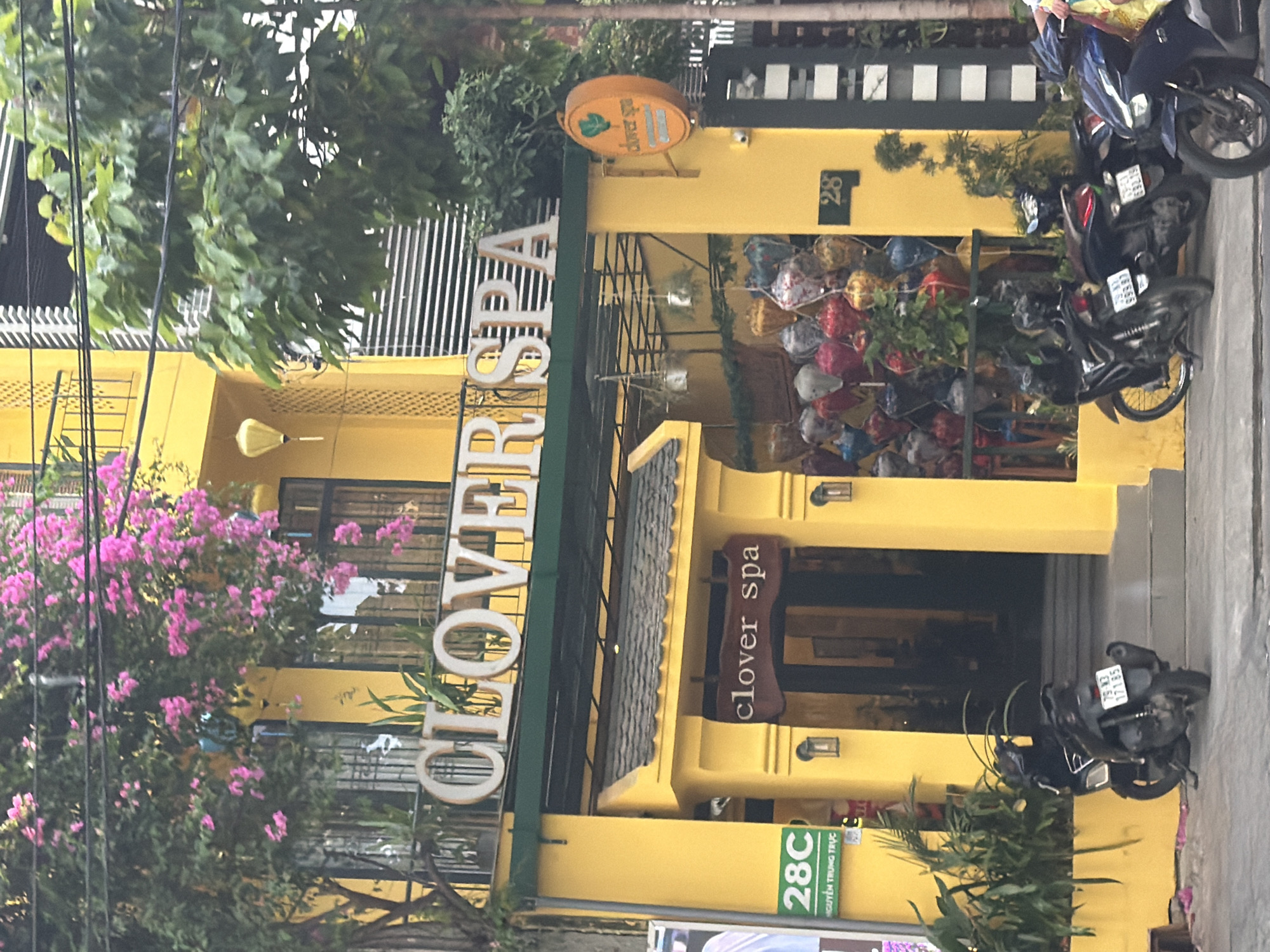 The image shows the exterior of a two-story building painted bright yellow, identified as "CLOVER SPA" by large white letters on a green awning above the entrance. A smaller, wooden sign with "clover spa" in dark lettering is located to the right of the main entrance. The building is adorned with flowering pink bougainvillea vines and a single yellow lantern hanging from an upper balcony. In front of the building, several motorbikes are parked on the sidewalk. The street is paved, and there are potted plants and trees surrounding the building. A green sign with "28C NGUYỄN TRUNG TRỰC" is visible on the left side of the building. On the right side, the building has a black and white striped section. The scene appears to be a street-level view of a commercial establishment in Nha Trang, Vietnam, likely a spa.
