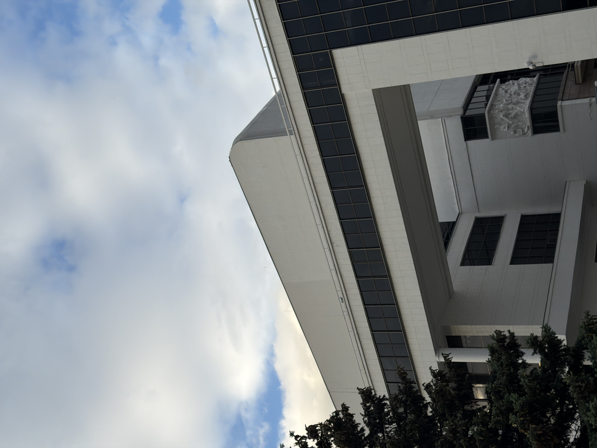 The photograph captures an upward-looking perspective of a building facade in Rostov-on-Don, Russia, under a sky with scattered clouds. The building is modern, primarily white with dark, rectangular windows arranged in rows. Some sections appear to be cantilevered or recessed. A piece of art is located in the central section of the building's facade. The lower portion of the frame is occupied by the tops of dark green trees, obscuring part of the building's base.