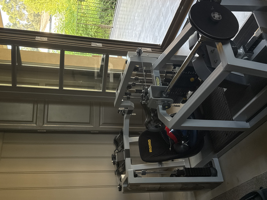 A weight machine stands indoors near a closed, multi-pane glass door. Green foliage is visible through the windows, suggesting an outdoor space. The machine is gray and black, appearing robust and complex with various weights and mechanisms. A black protective pad with "momo" printed on it is part of the equipment. The interior space has light gray paneling, creating a clean and organized aesthetic.