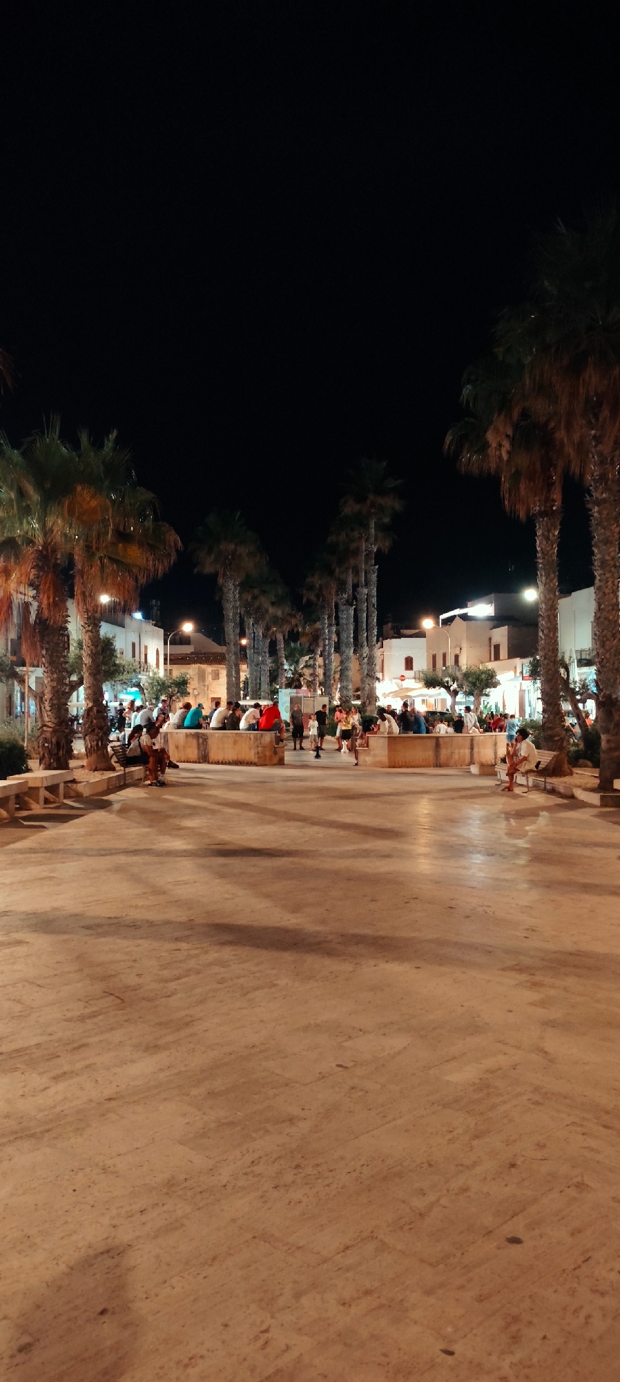 This vertical, nighttime photograph captures a lively public square in San Vito Lo Capo, Italy. The foreground features a wide, paved area with long shadows cast from unseen light sources, likely street lamps or building lights. A few scattered benches are visible along the left edge of the paved area.
The mid-ground of the image reveals a gathering of people seated on and around a low, stone-like barrier that encircles a fountain or decorative water feature, though the water itself is not clearly visible. Palm trees of varying heights are prominent throughout this section of the image, with their fronds illuminated by artificial light. Buildings with white facades and visible windows line the background, suggesting a commercial or residential area.
The people in the square are casually dressed and appear to be socializing or relaxing. Some are seated on benches, while others are perched on the barrier. The overall atmosphere is one of evening activity and community gathering. The dark sky indicates it is well after sunset.