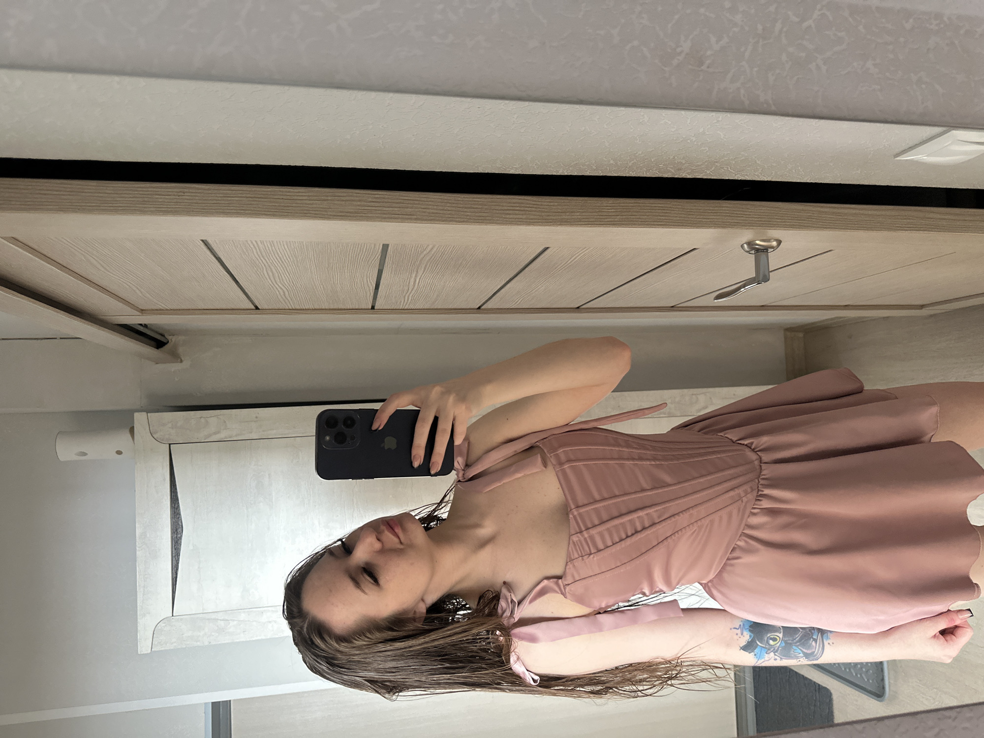 A fair-skinned young adult female with long brown hair poses for a selfie in front of a mirror. She is wearing a pink, corset-style dress. She is holding a black smartphone in her left hand, seemingly taking the photo. Her expression is neutral. Her hair appears wet. A tattoo is visible on her right forearm.
The background is a bathroom setting. A wooden door with a silver handle is visible at the top of the frame. A white vanity is on the left with a white roll of toilet paper attached to the side. The scene appears to be indoors, possibly in a residential building. The location is Unknown, Unknown.