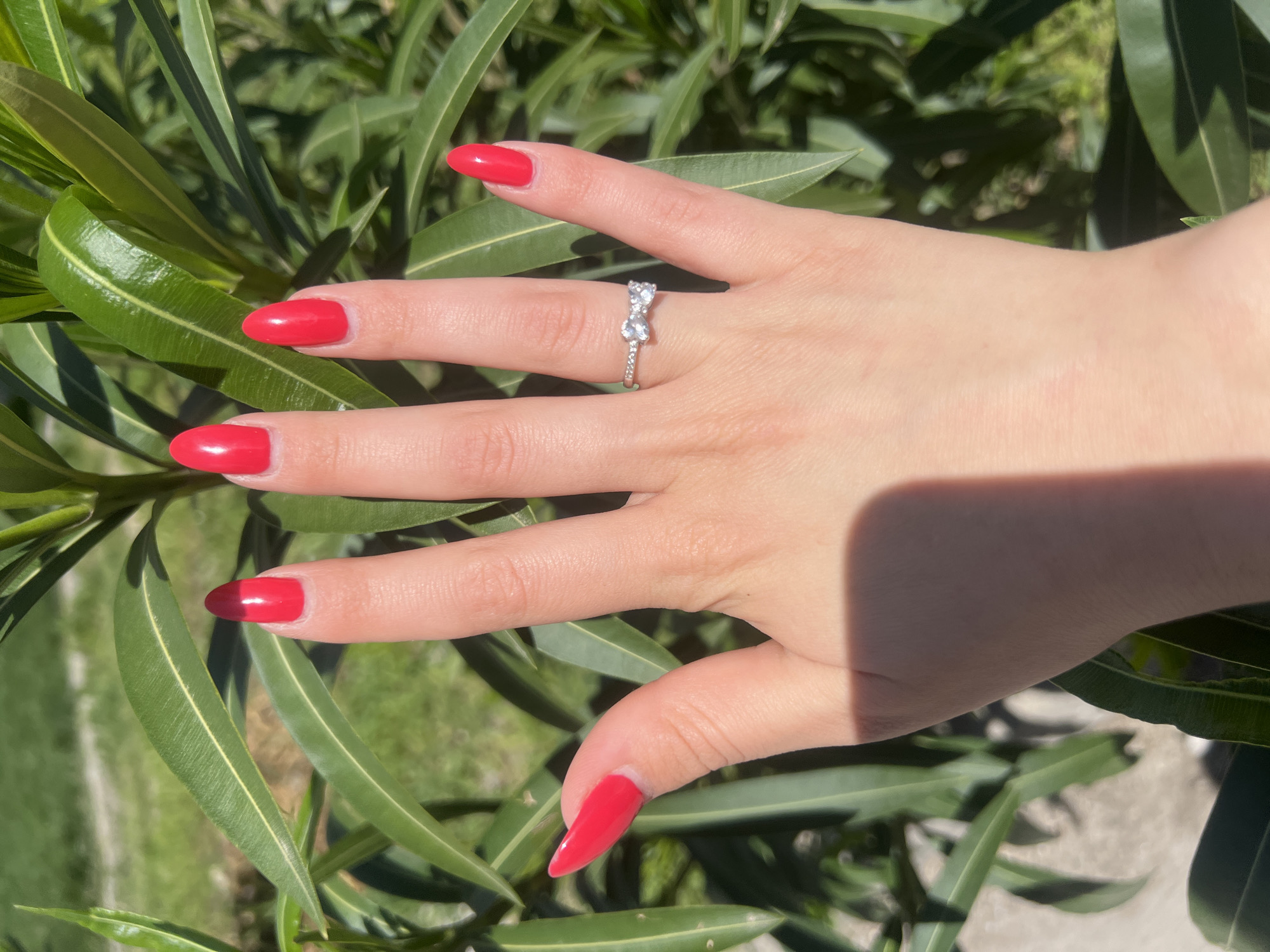 A woman's hand, adorned with a ring on the ring finger and red nail polish on all nails, is positioned against a backdrop of green leaves, possibly a bush or tree. The ring appears to be silver and features two gemstones and smaller accent stones. The scene is outdoors, with bright sunlight creating a shadow across the palm. There is no evidence to support that the scene is set in Plovdiv, Bulgaria.