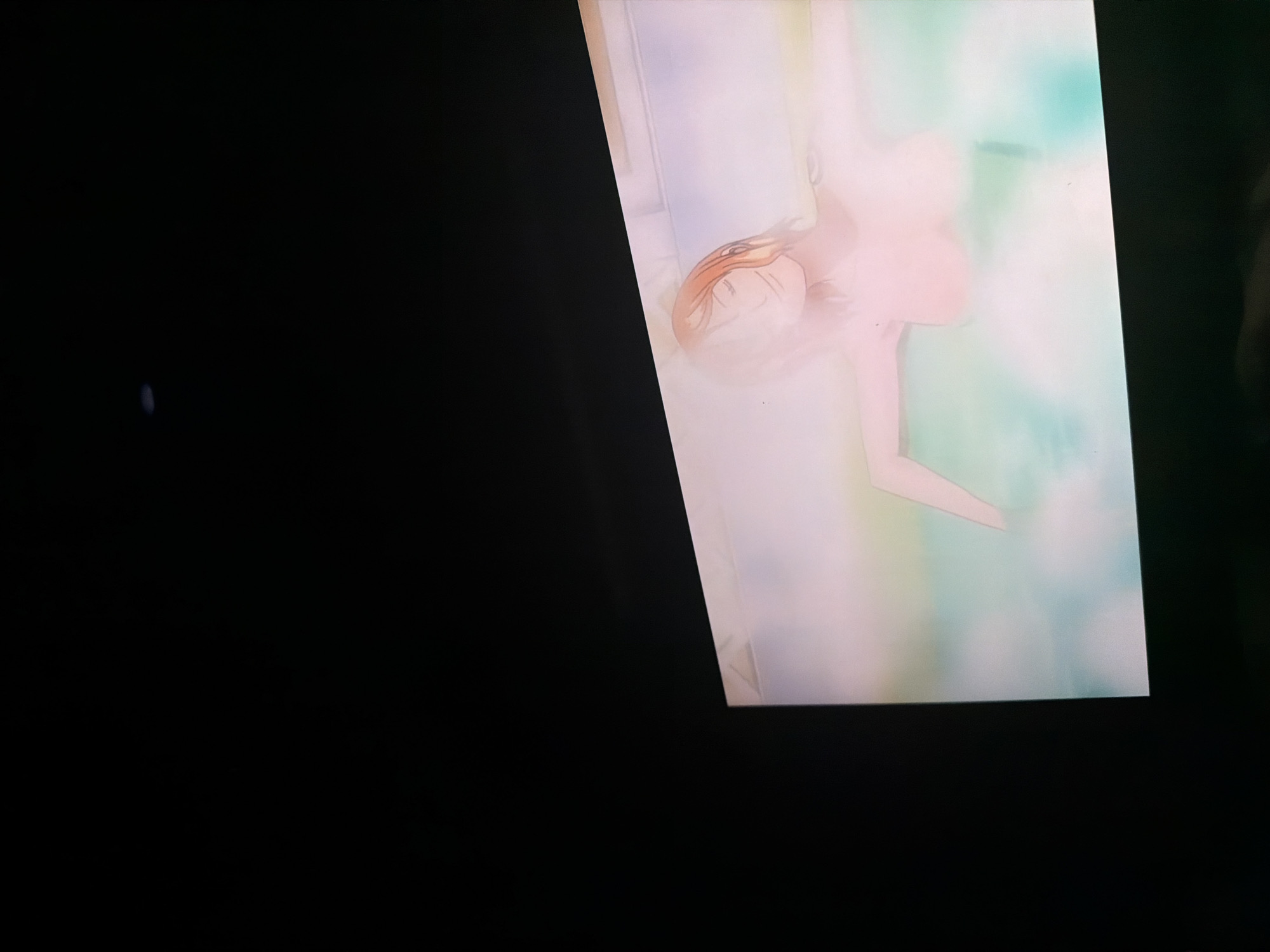 An illustration of a nude person with blonde hair lying on a white surface with a pastel colored backdrop. The illustration is displayed on a screen in a darkened environment. No evidence indicates that the image was taken in Sofia, Bulgaria.