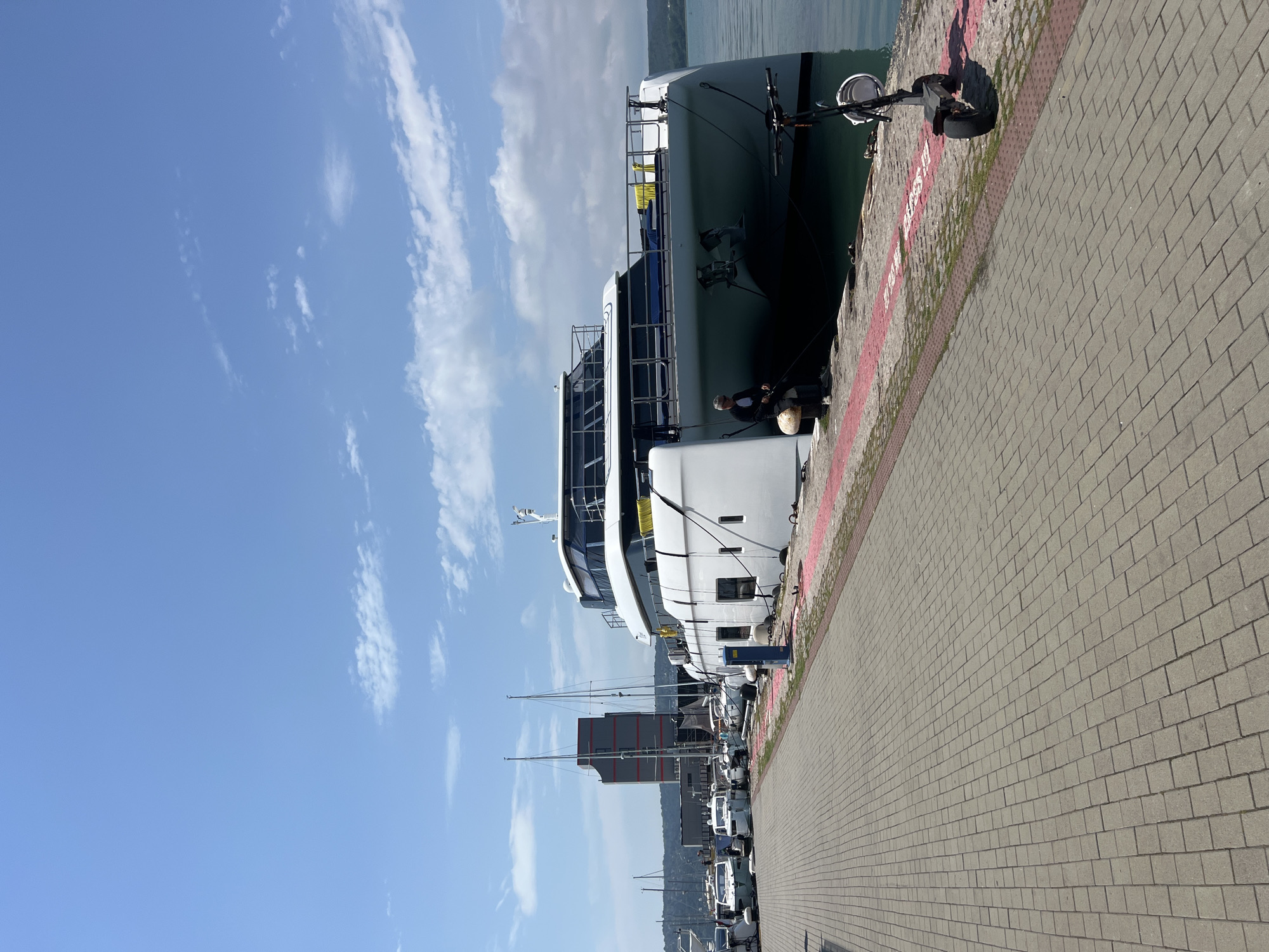 The image captures a sunny daytime scene at a marina in Varna, Bulgaria, showing a large, dark-hulled motor yacht docked alongside a paved pier. The yacht features multiple decks, railings, and what appears to be a tender or small craft on its stern. A person wearing a light top and cap is visible near the bow of this yacht, crouching or kneeling next to a black fender, seemingly attending to mooring lines or equipment.
Further down the pier, a large white motor yacht is also docked, followed by several smaller vessels, some with masts indicating they are sailboats. The pier itself is constructed from light grey rectangular pavers, arranged in a uniform pattern. A prominent red line runs along the edge of the pier closest to the water, likely marking a safety or prohibited area. Faint white text is partially visible on this red line, appearing to say "NO PARKING". Green growth, possibly grass or moss, sprouts along sections of this line.
The background features calm, greenish-blue water and distant hills or mountains under a clear blue sky dotted with scattered white clouds. The overall impression is one of a bustling yet tranquil harbor on a pleasant day.