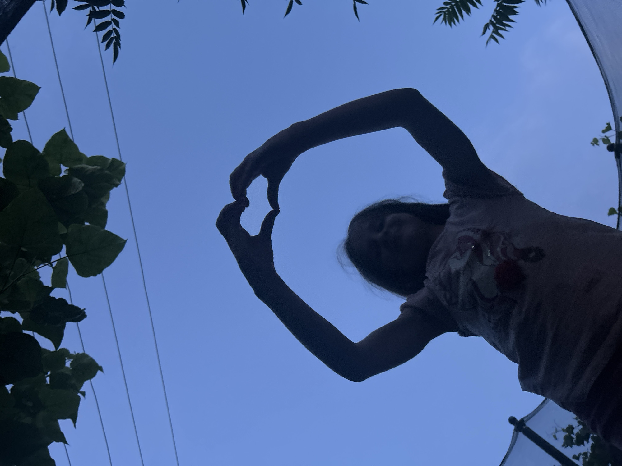 A low-angle shot shows a silhouette of a young person against a blue sky. The person is wearing a t-shirt and has their arms raised, forming a heart shape with their hands. They are standing on or near a trampoline. Green leaves and branches are visible in the upper portion of the image and along the right edge. The scene appears to be outdoors in the evening, possibly in Yizhivtsi, Ukraine, as suggested by the provided context.
