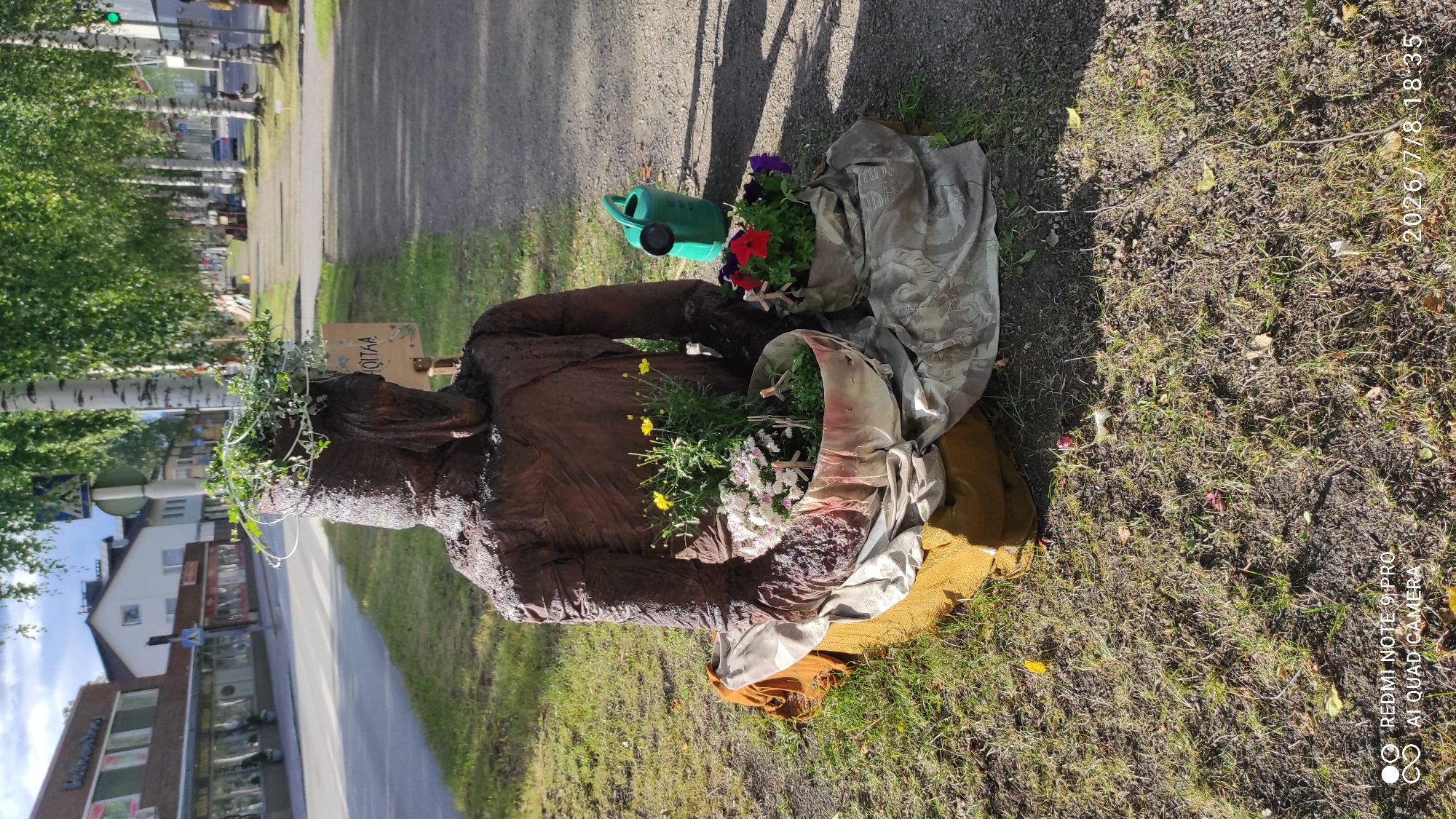 The image shows a sculpted figure, possibly a garden decoration, resembling a person, placed outdoors on a grassy area next to a paved path. The figure is made of a dark, rough material, and appears to be wearing some sort of garment. It is adorned with plants, with greenery and flowers placed on its head and in containers around its body.
Beside the figure is a green watering can, suggesting a theme related to gardening or plant care. Several fabric-like materials are draped around the sculpture, adding to its artistic presentation. In the background, there are birch trees with their characteristic white bark, and a building with windows, indicating an urban or suburban setting. The lighting suggests it is daytime, likely sunny, given the shadows cast on the ground. A small sign is attached to the figure, with some text visible on it. The visible text on the sign reads "HOITAA". There is also a watermark in the bottom right corner that reads "2026/7/8 18:35 REDMI NOTE 9 PRO AI QUAD CAMERA". The overall scene evokes a peaceful, perhaps whimsical, atmosphere, blending nature with art.