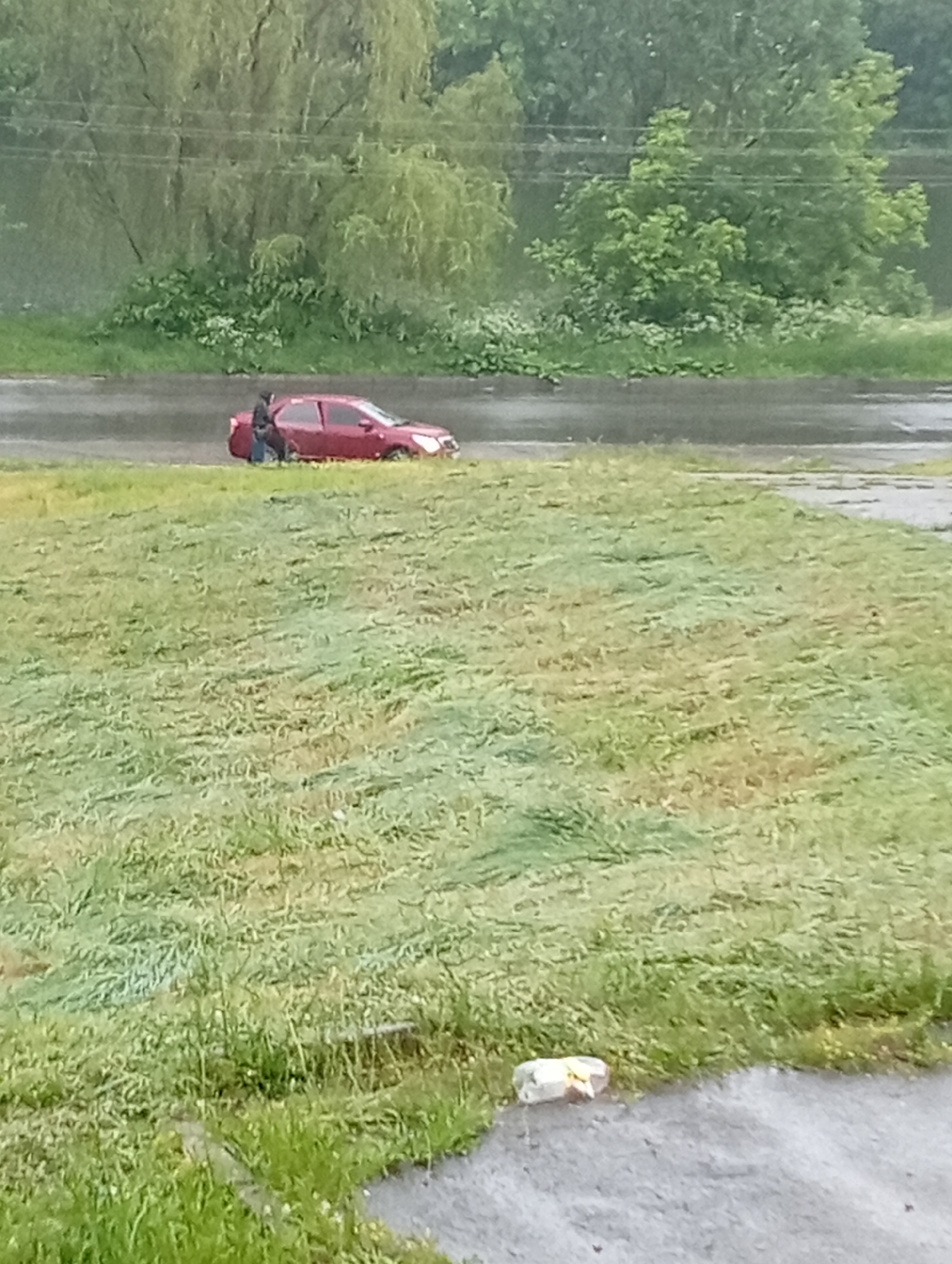 The image shows a red sedan partially submerged in water on a road in Poltava, Ukraine. A person stands near the driver's side door. The background features a grassy embankment with trees and foliage. A discarded plastic container sits on the pavement in the lower right corner. The weather appears to be rainy or wet. Overhead power lines are visible in the background.