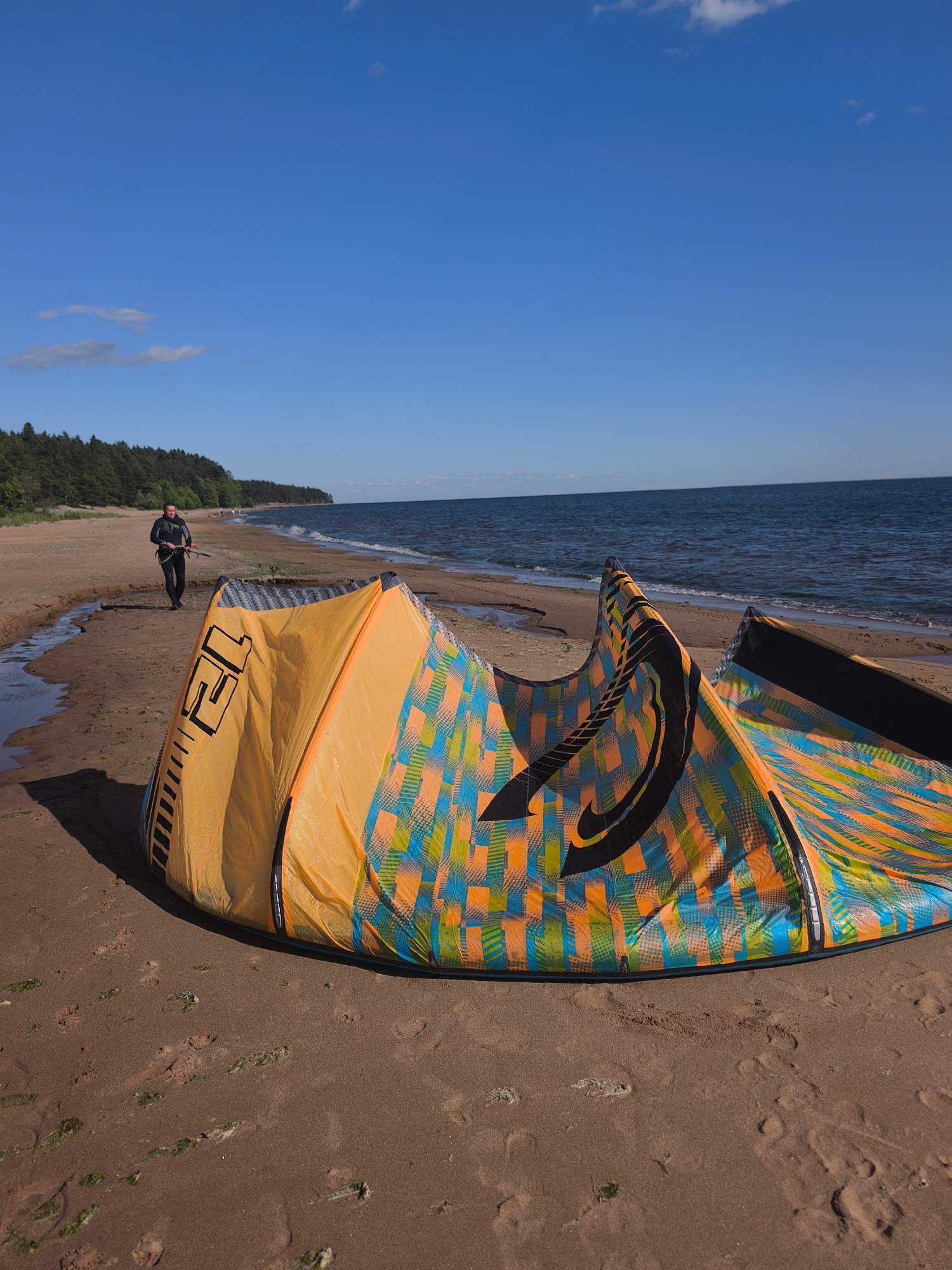 A person in a wetsuit walks on a sandy beach towards the viewer, holding a kiteboarding bar. A large, colorful kite is laid out on the sand in the foreground. The beach is lined with trees and the sea is visible in the background under a clear blue sky. The scene is located at the Zelenaya Roshcha beach in Russia.