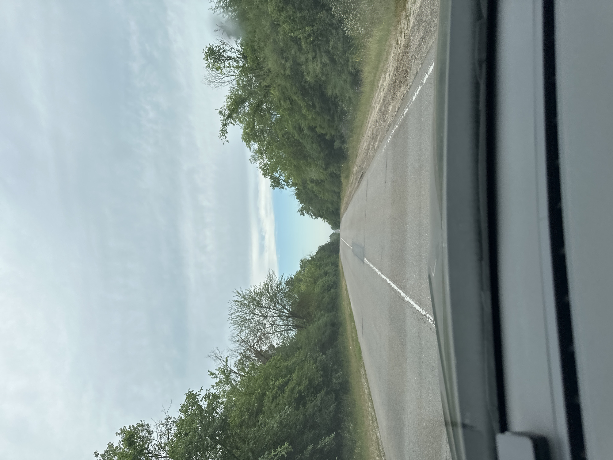 The image depicts a view from a vehicle's perspective, looking out at a straight, paved road lined with dense green trees on either side. The road has a white dashed line marking the center and a solid white line on the right edge. The sky above is overcast with soft, diffused light. In the foreground, the dark gray dashboard of the vehicle is visible, obscuring the bottom portion of the frame. The scene suggests a journey through a rural or suburban area, potentially a highway or a main road leading out of a settlement. The environment is natural and appears to be in a temperate climate, given the lushness of the foliage. The photograph does not contain any people or specific landmarks that would directly indicate a location in Cruglic, Moldova, but it captures a typical road scene in a region with similar natural features.