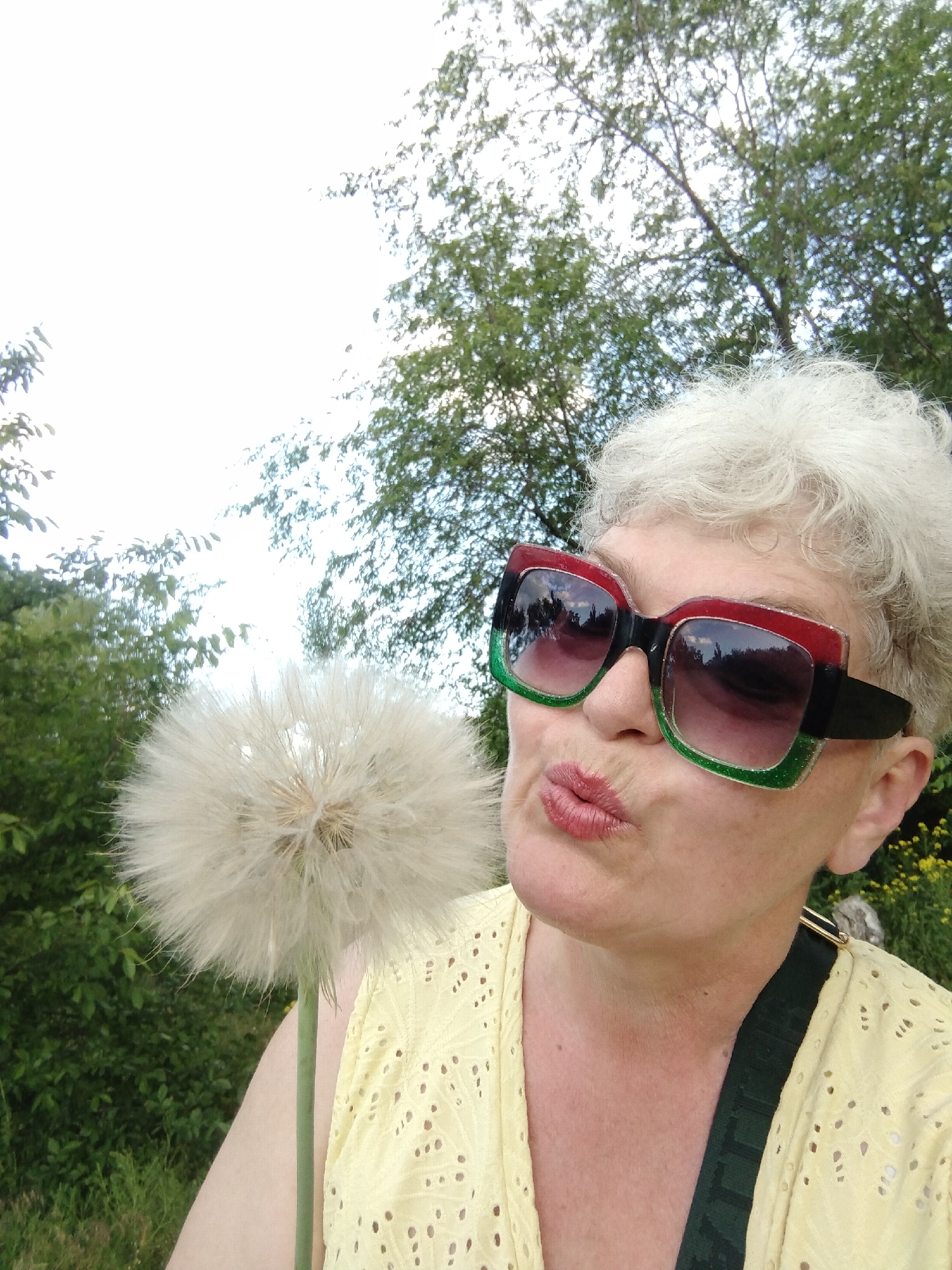 An adult female subject is depicted outdoors in Horishni Plavni, Ukraine, posing for the camera. She has short, curly, light grey hair and fair skin. Her head is tilted slightly, and her lips are pursed in a "kissing" expression, colored with light pink lipstick. She wears oversized square sunglasses featuring a red upper frame and a green lower frame, separated by a black band; the lenses reflect portions of trees and the sky. The subject is wearing a light yellow top with an eyelet pattern. A dark green strap, likely from a bag, is visible over her right shoulder.
She holds a large, spherical, white seed head, consistent with a salsify or goat's beard plant, by its thick green stem, positioning it to the left of her face. The background consists of dense green foliage, including numerous trees with visible branches and leaves, set against a bright, largely overcast white sky, particularly prominent in the upper left. Patches of lighter green grass and small yellow flowers are discernible in the lower right background. The scene is illuminated by natural daylight.