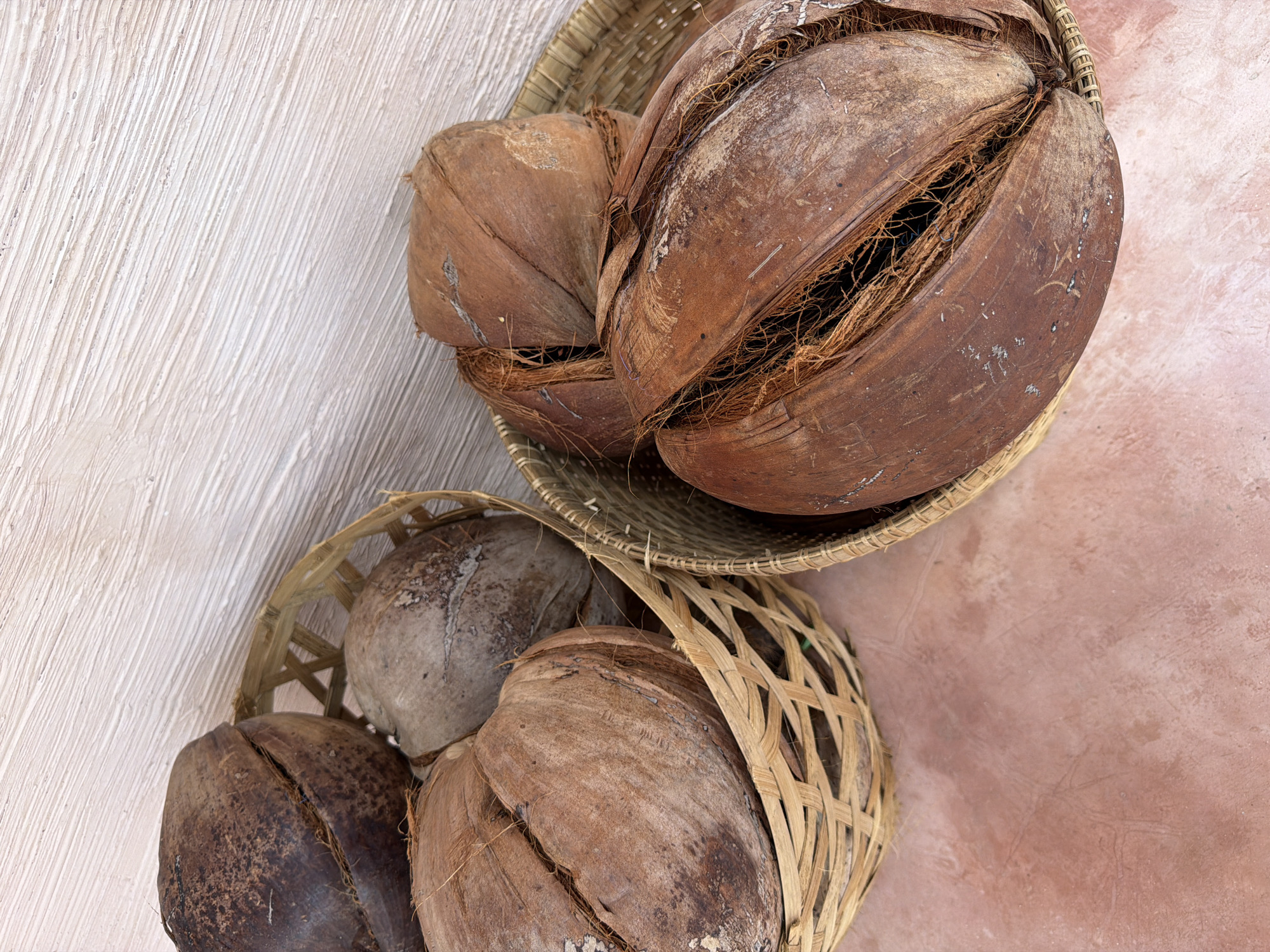 Two woven baskets, one above the other, are filled with split coconuts. The upper basket contains three coconuts, while the lower basket has four. The background is a textured wall, white on the left and faded pink on the right. The location is North Kuta, Indonesia.