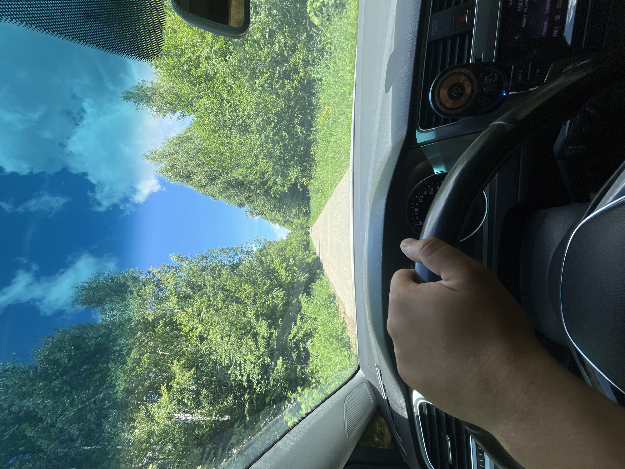 The image shows a first-person perspective of a person driving a car on a paved road lined with dense green trees. The sky is bright blue with scattered white clouds. The interior of the car is visible, including the steering wheel, dashboard with a car radio and a phone mount with a device. The driver's hand is on the steering wheel. The scene appears to be a rural or suburban area, likely during the daytime, given the lighting conditions. The location is identified as Vasilyevo, Russia.